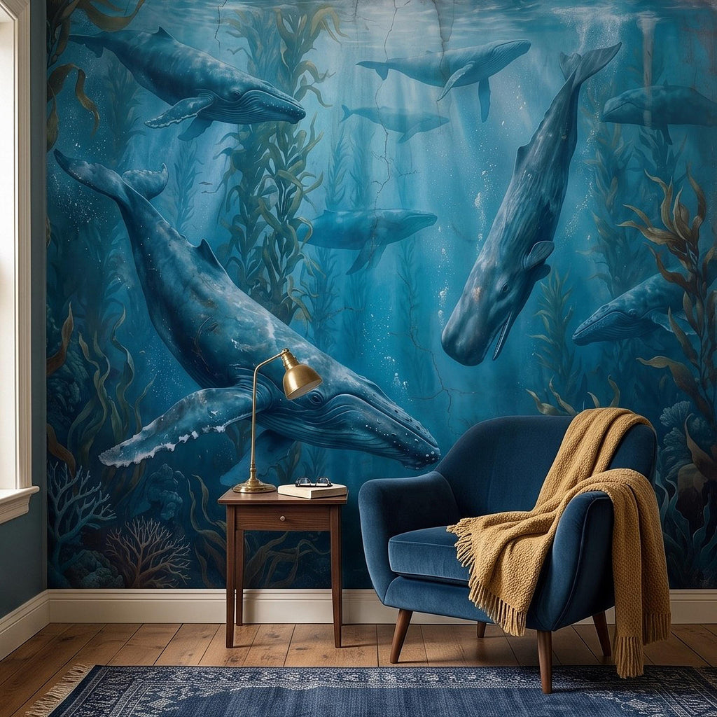 Whale Ocean Peel and Stick Wall Mural, Humpback Sperm Whales Deep Blue Kelp Forest Aged Distressed Vintage Fresco Painting Wallpaper