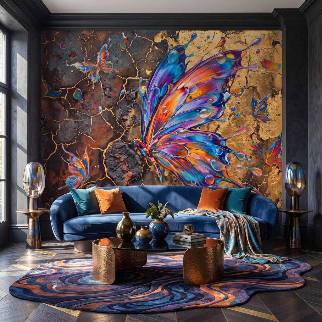 Abstract Butterfly Peel and Stick Wall Mural, Colorful Liquid Paint Gold Kintsugi Modern Luxury Wallpaper
