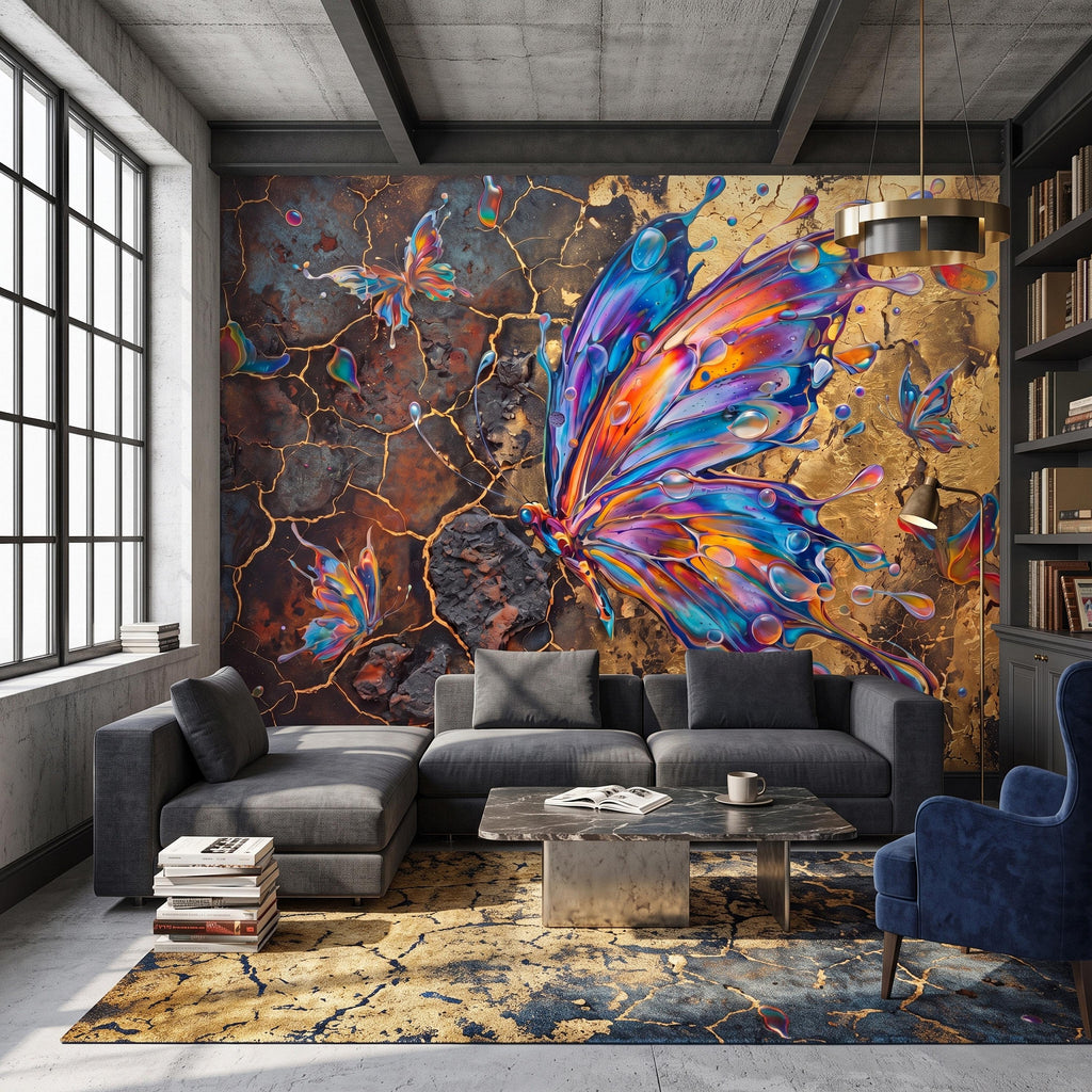 Abstract Butterfly Peel and Stick Wall Mural, Colorful Liquid Paint Gold Kintsugi Modern Luxury Wallpaper