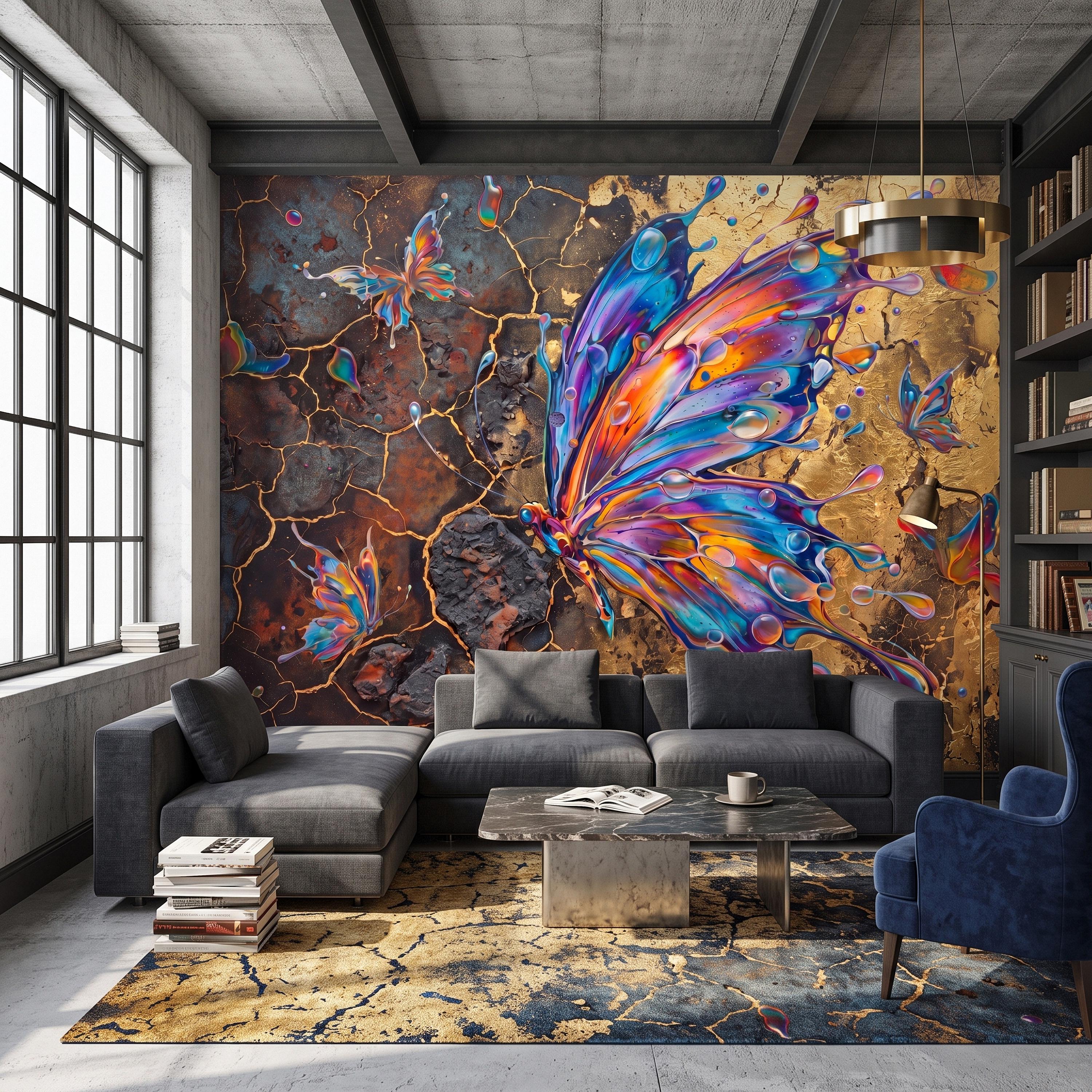 Abstract Butterfly Peel and Stick Wall Mural, Colorful Liquid Paint Gold Kintsugi Modern Luxury Wallpaper