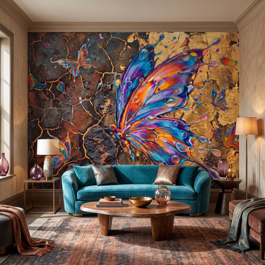 Abstract Butterfly Peel and Stick Wall Mural, Colorful Liquid Paint Gold Kintsugi Modern Luxury Wallpaper