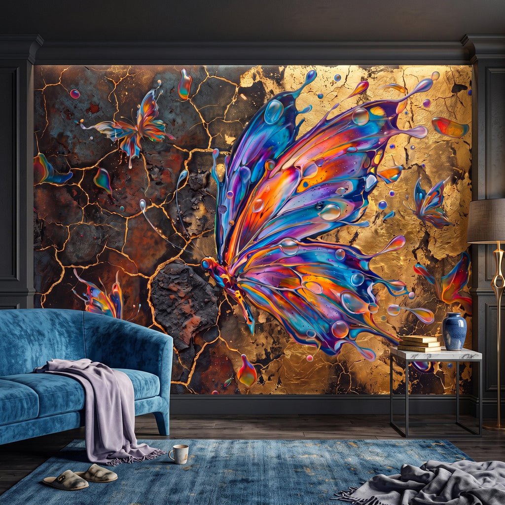 Abstract Butterfly Peel and Stick Wall Mural, Colorful Liquid Paint Gold Kintsugi Modern Luxury Wallpaper