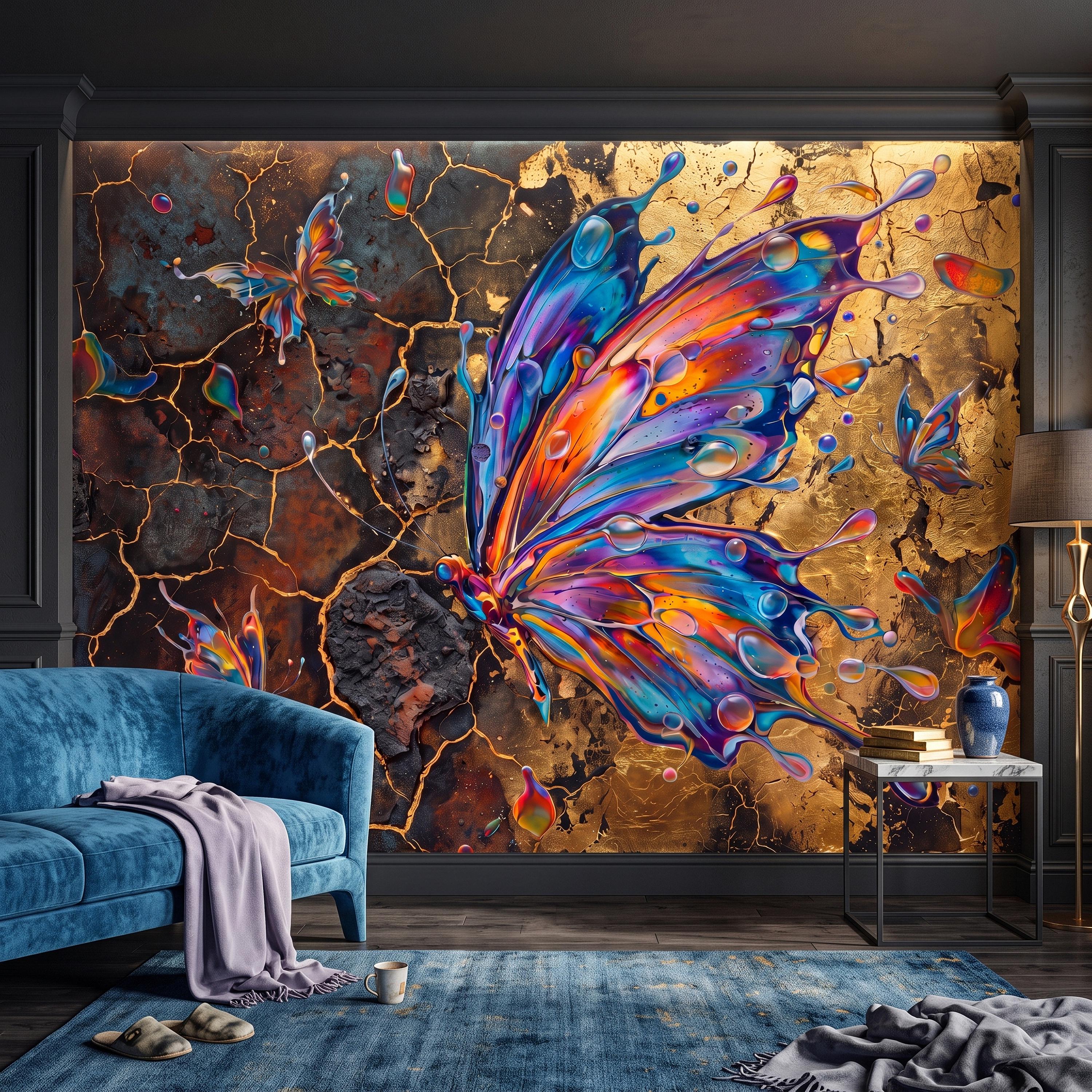 Abstract Butterfly Peel and Stick Wall Mural, Colorful Liquid Paint Gold Kintsugi Modern Luxury Wallpaper