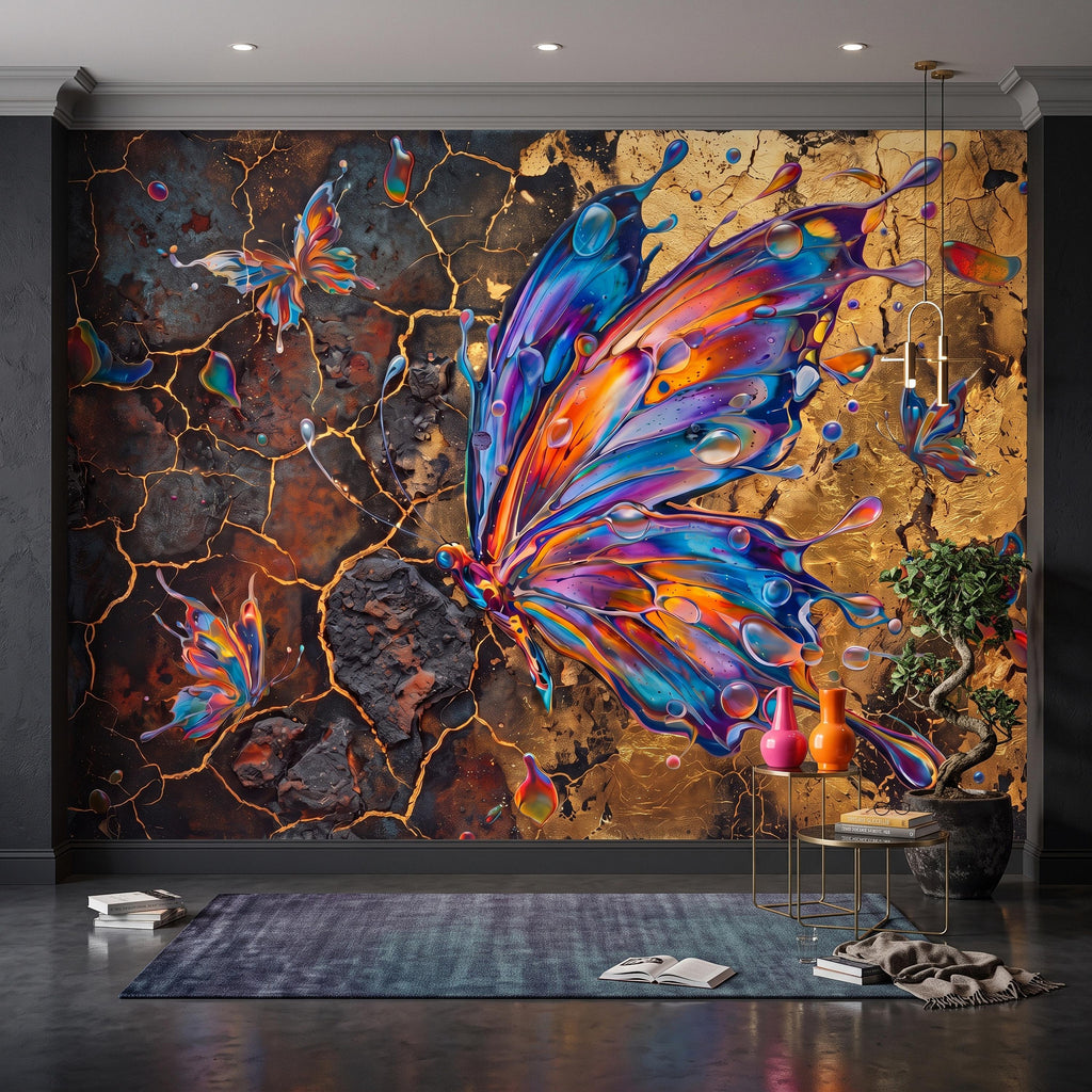 Abstract Butterfly Peel and Stick Wall Mural, Colorful Liquid Paint Gold Kintsugi Modern Luxury Wallpaper