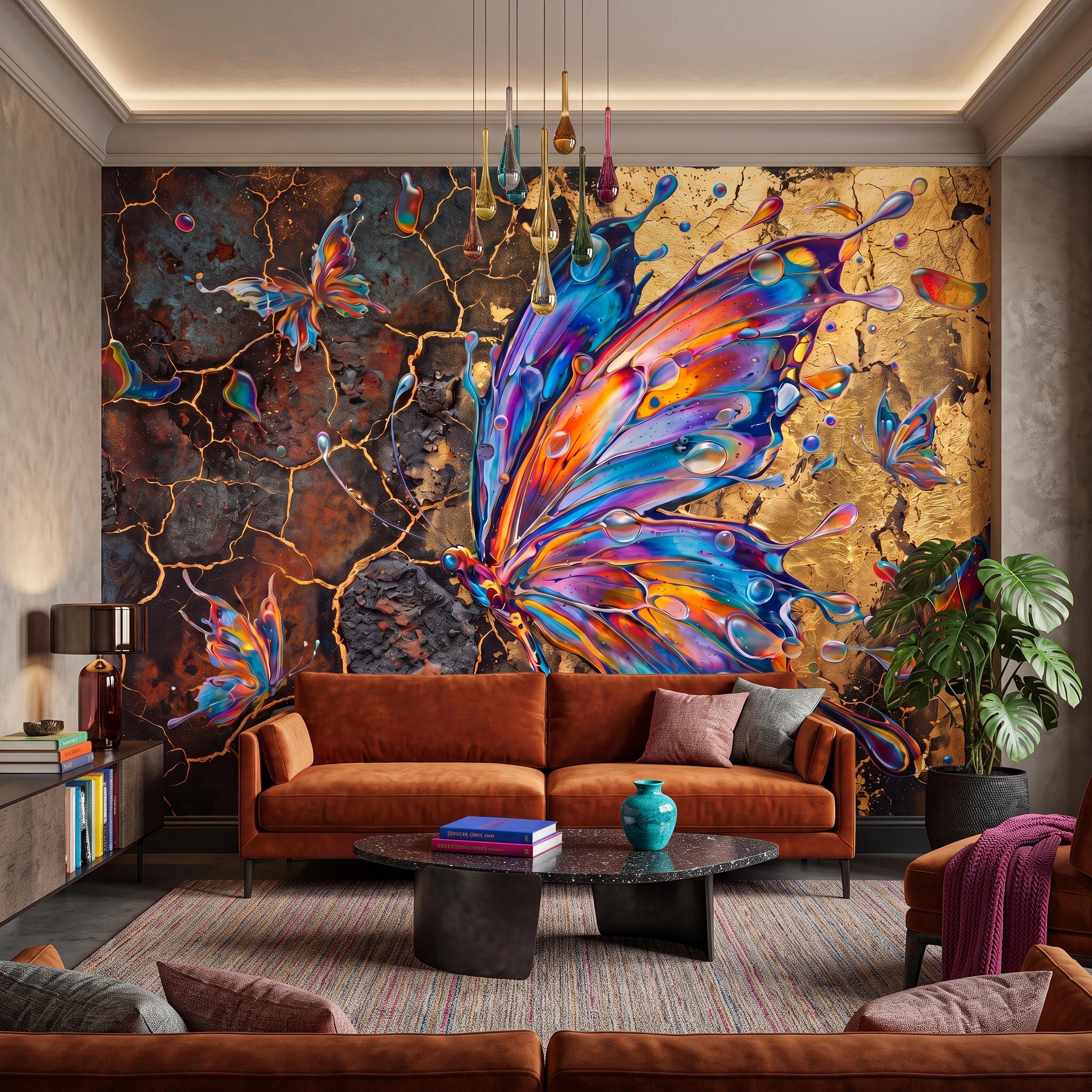 Abstract Butterfly Peel and Stick Wall Mural, Colorful Liquid Paint Gold Kintsugi Modern Luxury Wallpaper