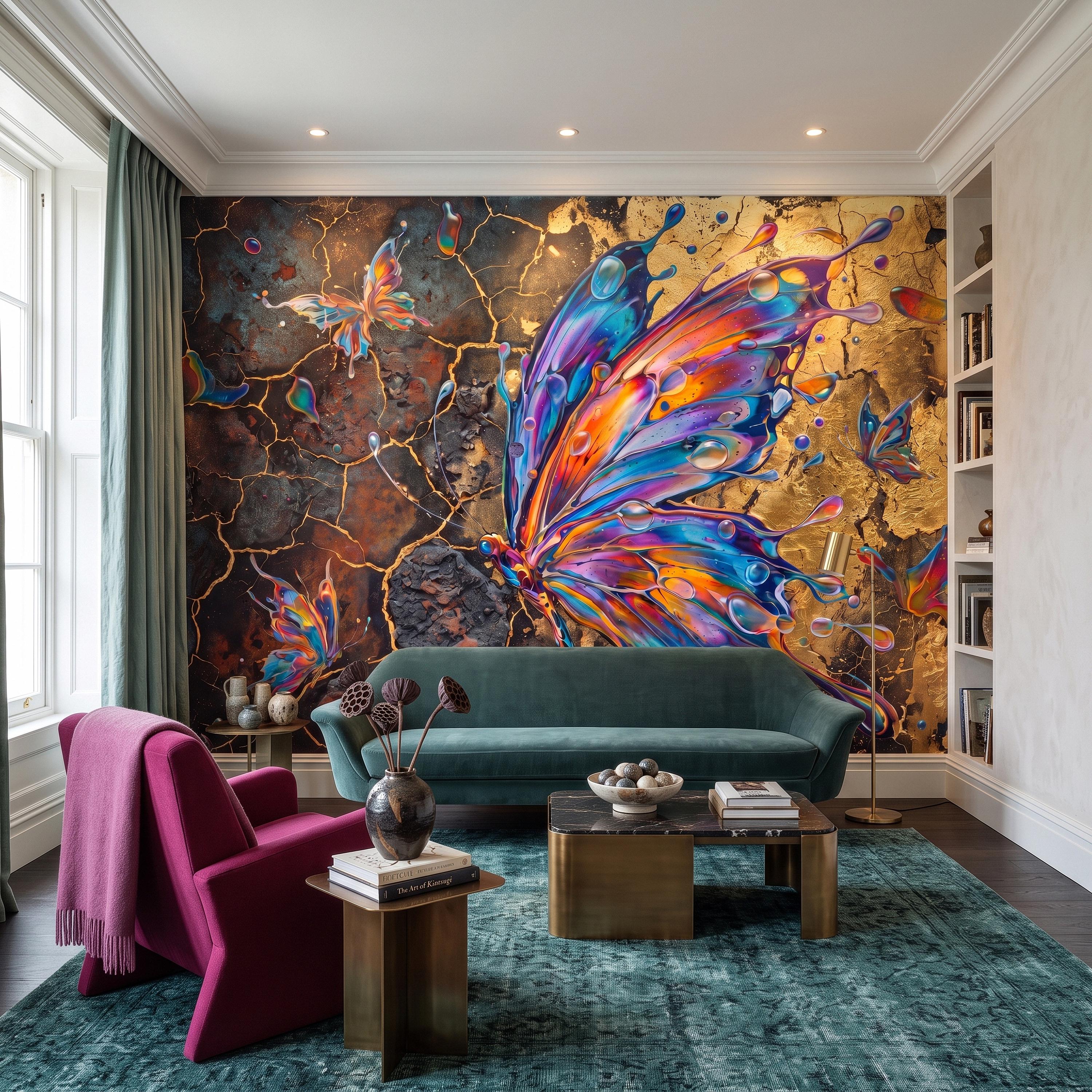 Abstract Butterfly Peel and Stick Wall Mural, Colorful Liquid Paint Gold Kintsugi Modern Luxury Wallpaper