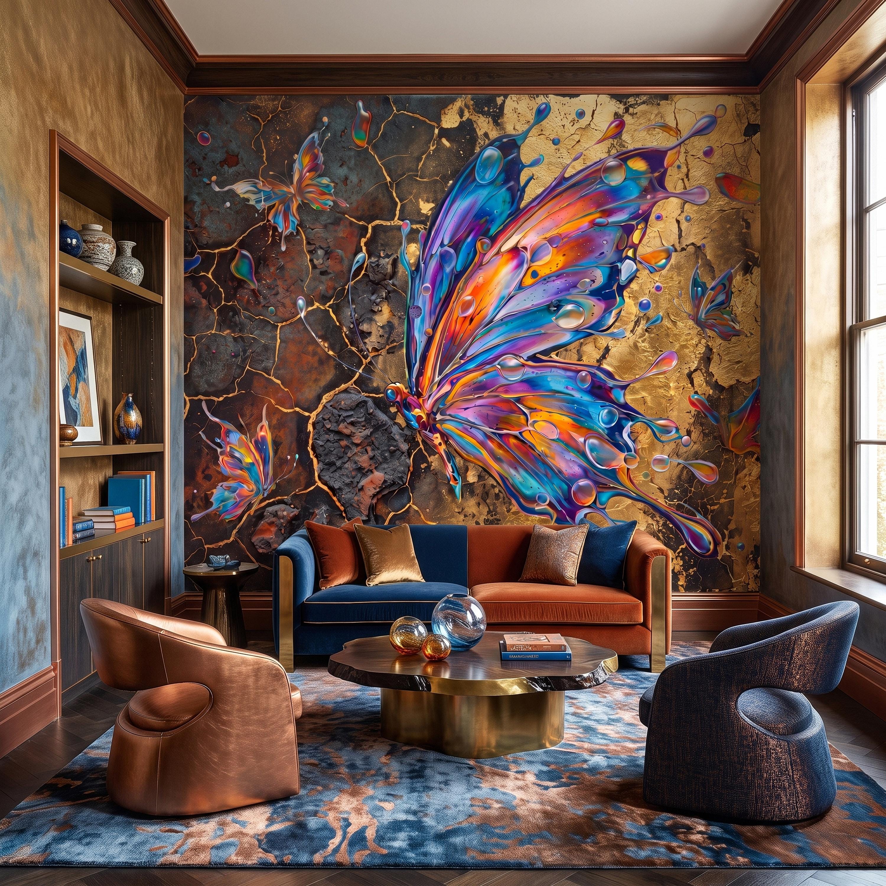 Abstract Butterfly Peel and Stick Wall Mural, Colorful Liquid Paint Gold Kintsugi Modern Luxury Wallpaper