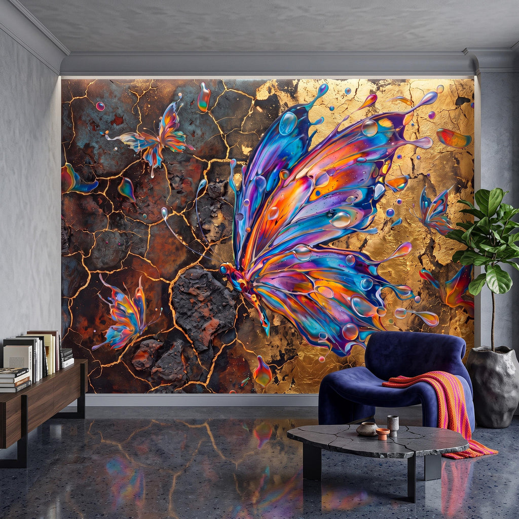 Abstract Butterfly Peel and Stick Wall Mural, Colorful Liquid Paint Gold Kintsugi Modern Luxury Wallpaper