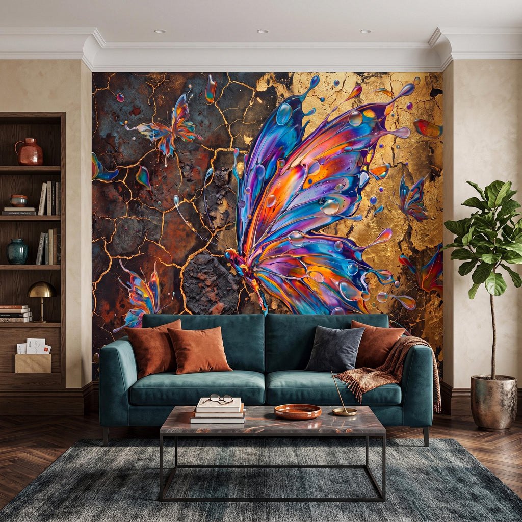 Abstract Butterfly Peel and Stick Wall Mural, Colorful Liquid Paint Gold Kintsugi Modern Luxury Wallpaper