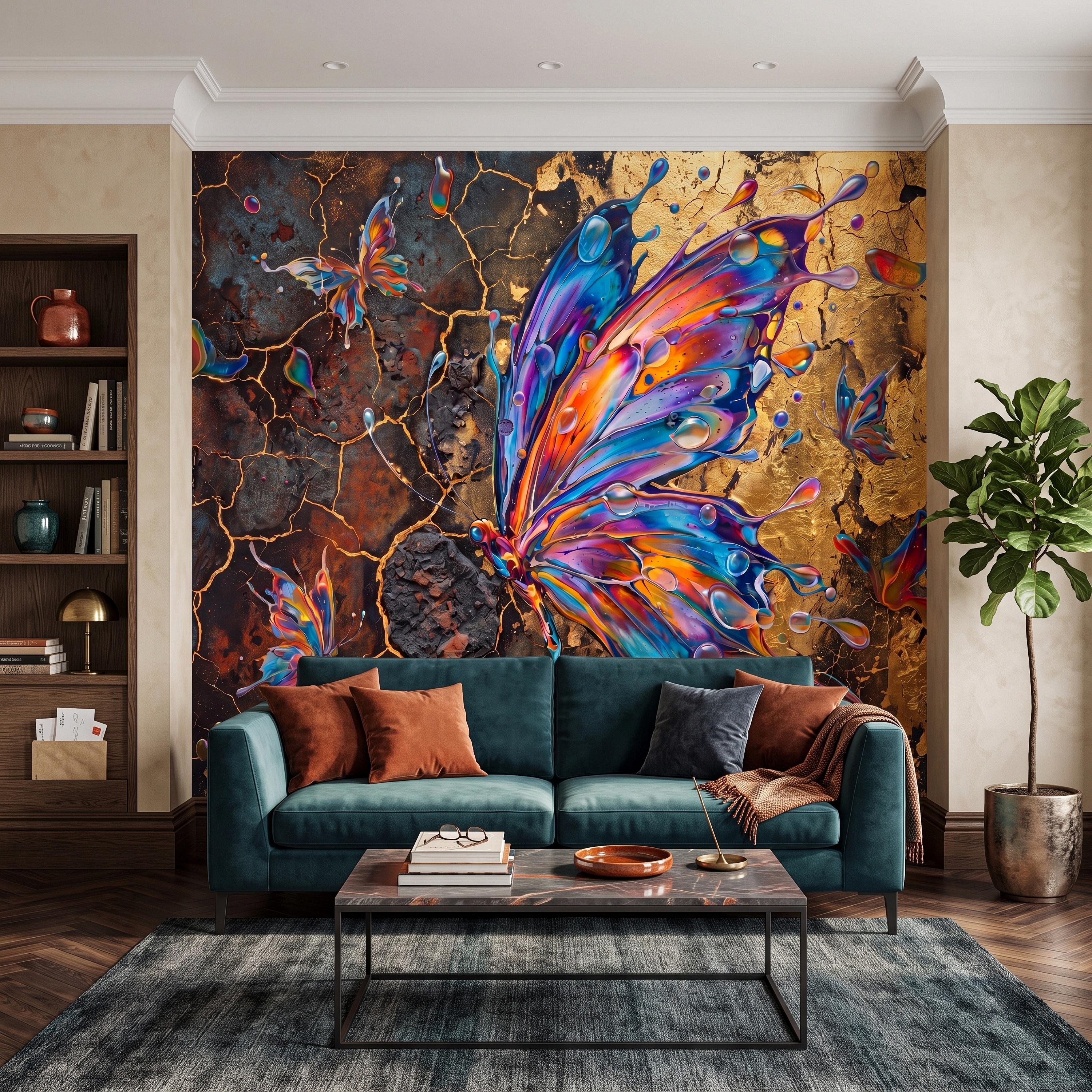 Abstract Butterfly Peel and Stick Wall Mural, Colorful Liquid Paint Gold Kintsugi Modern Luxury Wallpaper
