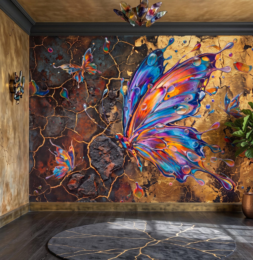 Abstract Butterfly Peel and Stick Wall Mural, Colorful Liquid Paint Gold Kintsugi Modern Luxury Wallpaper
