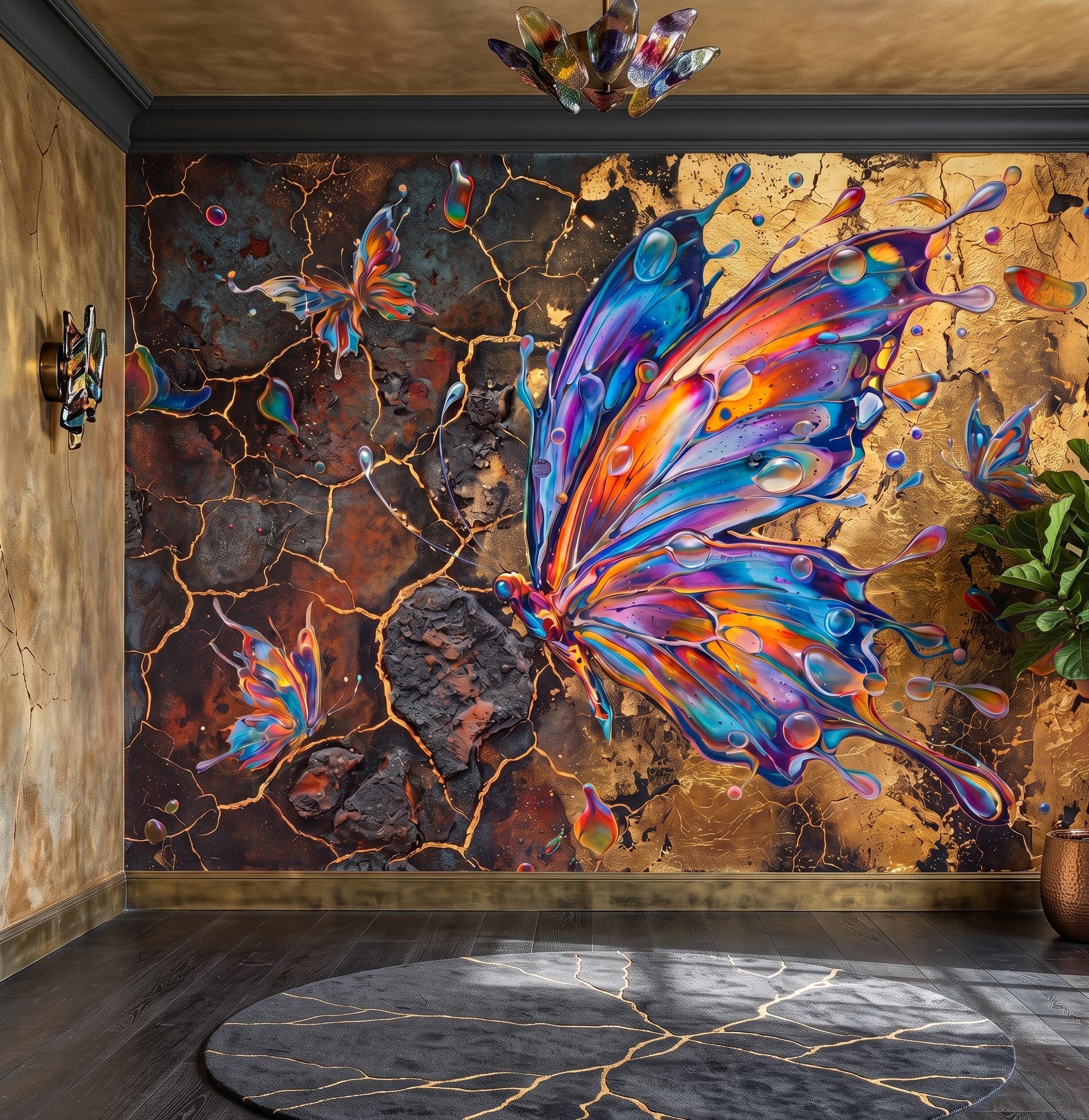 Abstract Butterfly Peel and Stick Wall Mural, Colorful Liquid Paint Gold Kintsugi Modern Luxury Wallpaper