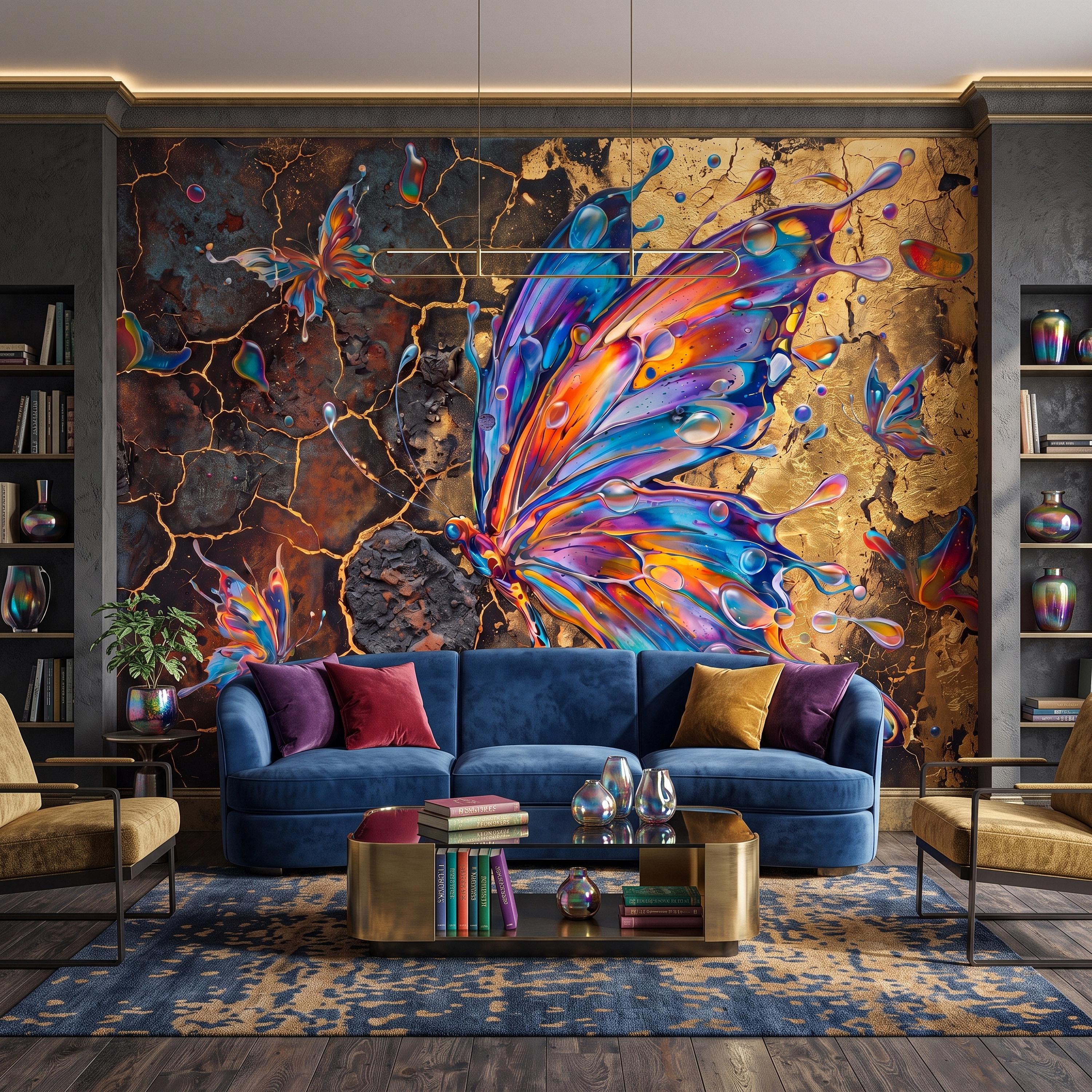 Abstract Butterfly Peel and Stick Wall Mural, Colorful Liquid Paint Gold Kintsugi Modern Luxury Wallpaper