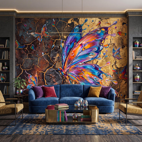 Abstract Butterfly Peel and Stick Wall Mural, Colorful Liquid Paint Gold Kintsugi Modern Luxury Wallpaper