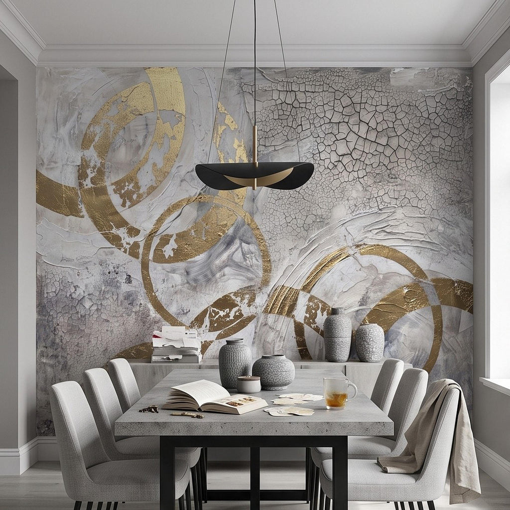 Abstract Gold Circles Peel and Stick Wall Mural, White Gray Geometric Cracked Plaster Texture Modern Luxury Contemporary Art Wallpaper