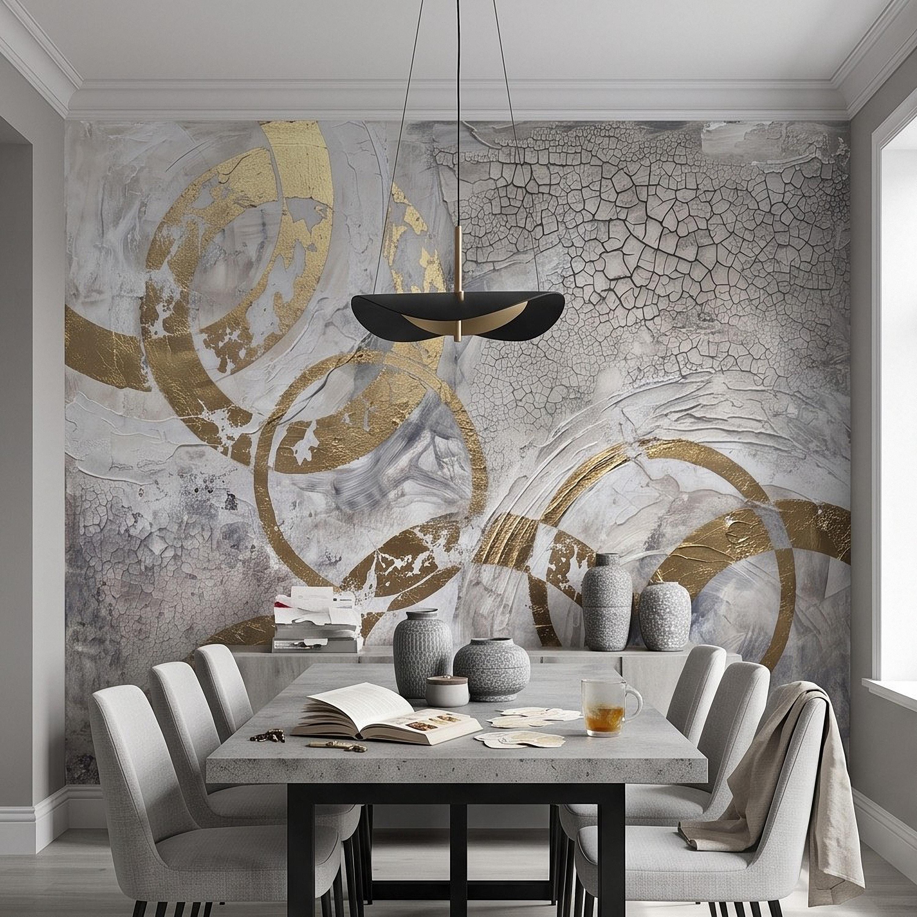 Abstract Gold Circles Peel and Stick Wall Mural, White Gray Geometric Cracked Plaster Texture Modern Luxury Contemporary Art Wallpaper