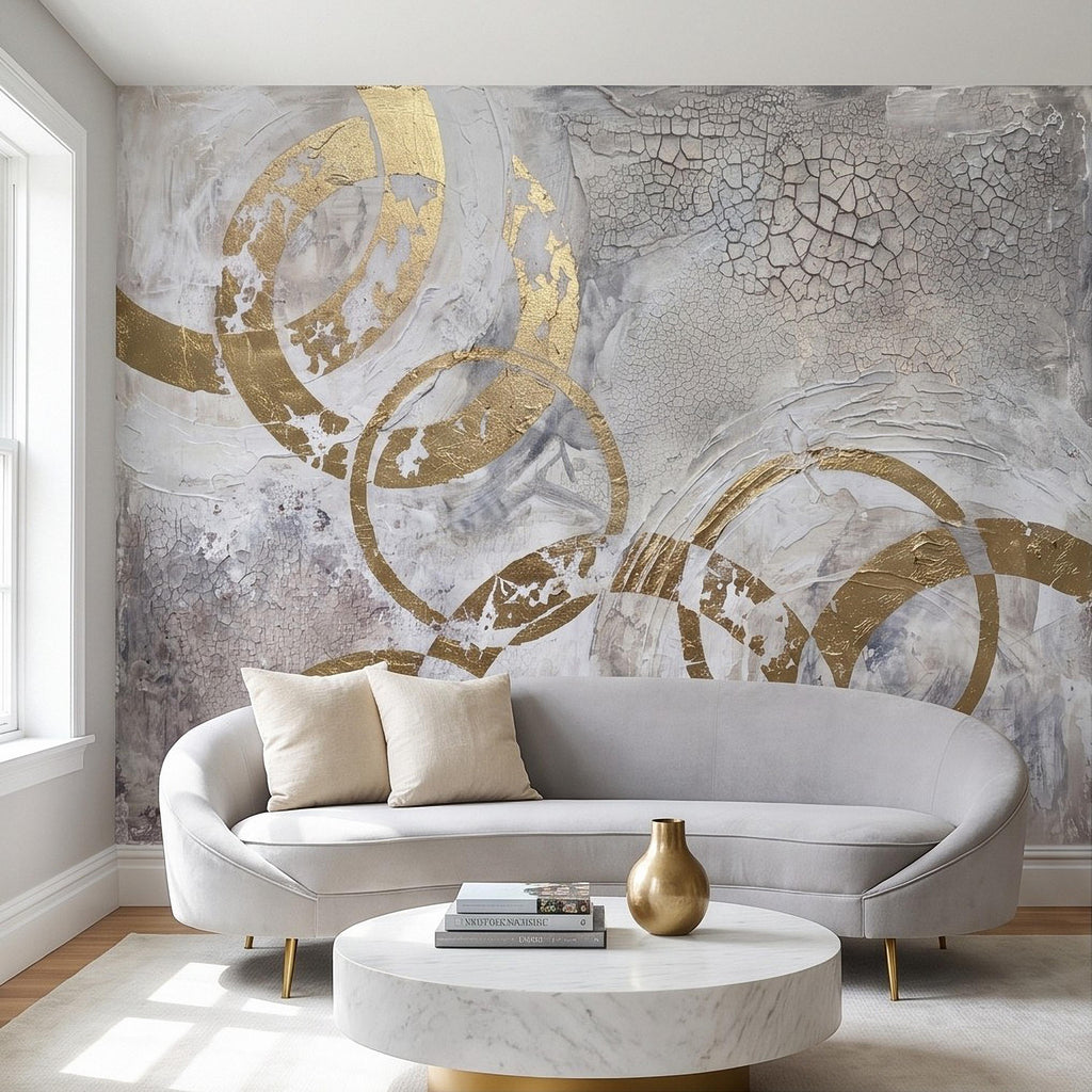 Abstract Gold Circles Peel and Stick Wall Mural, White Gray Geometric Cracked Plaster Texture Modern Luxury Contemporary Art Wallpaper