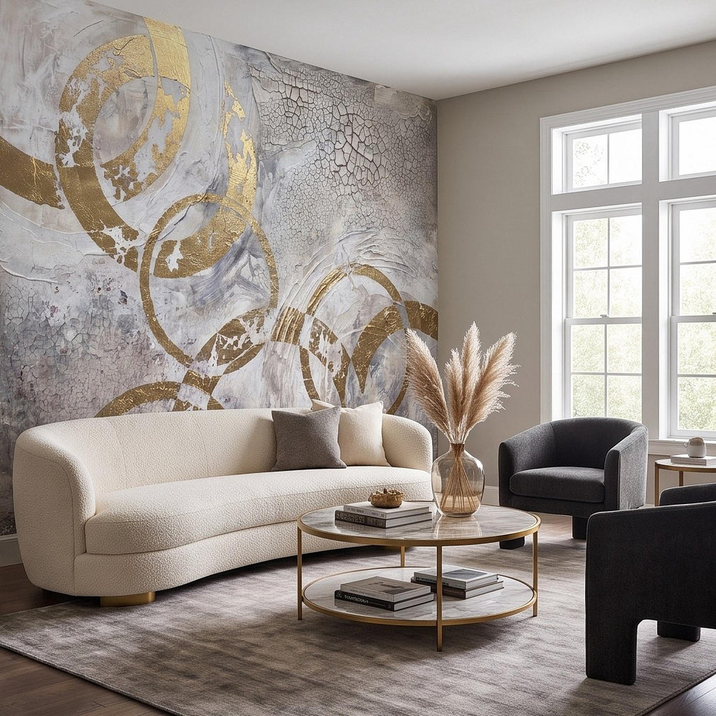 Abstract Gold Circles Peel and Stick Wall Mural, White Gray Geometric Cracked Plaster Texture Modern Luxury Contemporary Art Wallpaper