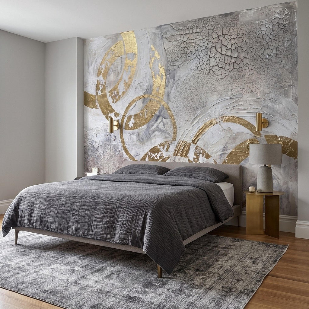 Abstract Gold Circles Peel and Stick Wall Mural, White Gray Geometric Cracked Plaster Texture Modern Luxury Contemporary Art Wallpaper
