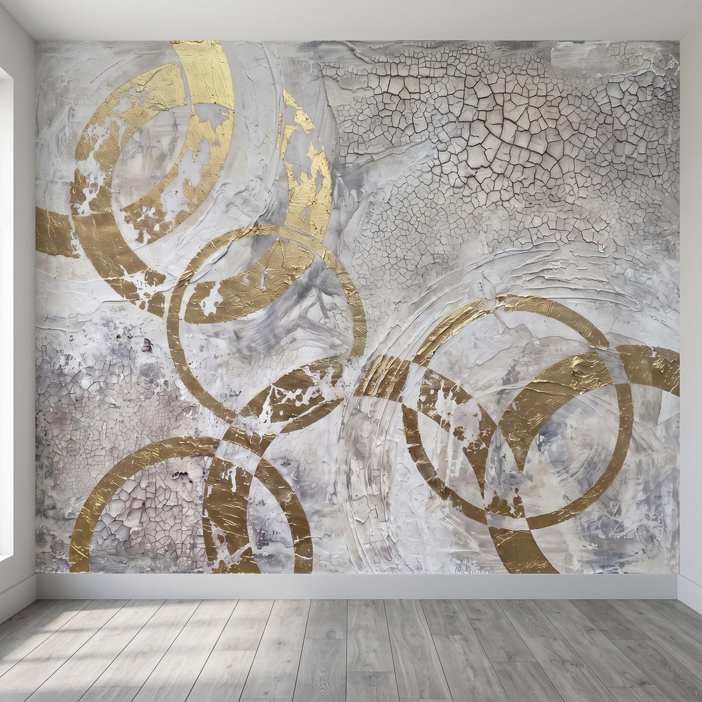 Abstract Gold Circles Peel and Stick Wall Mural, White Gray Geometric Cracked Plaster Texture Modern Luxury Contemporary Art Wallpaper