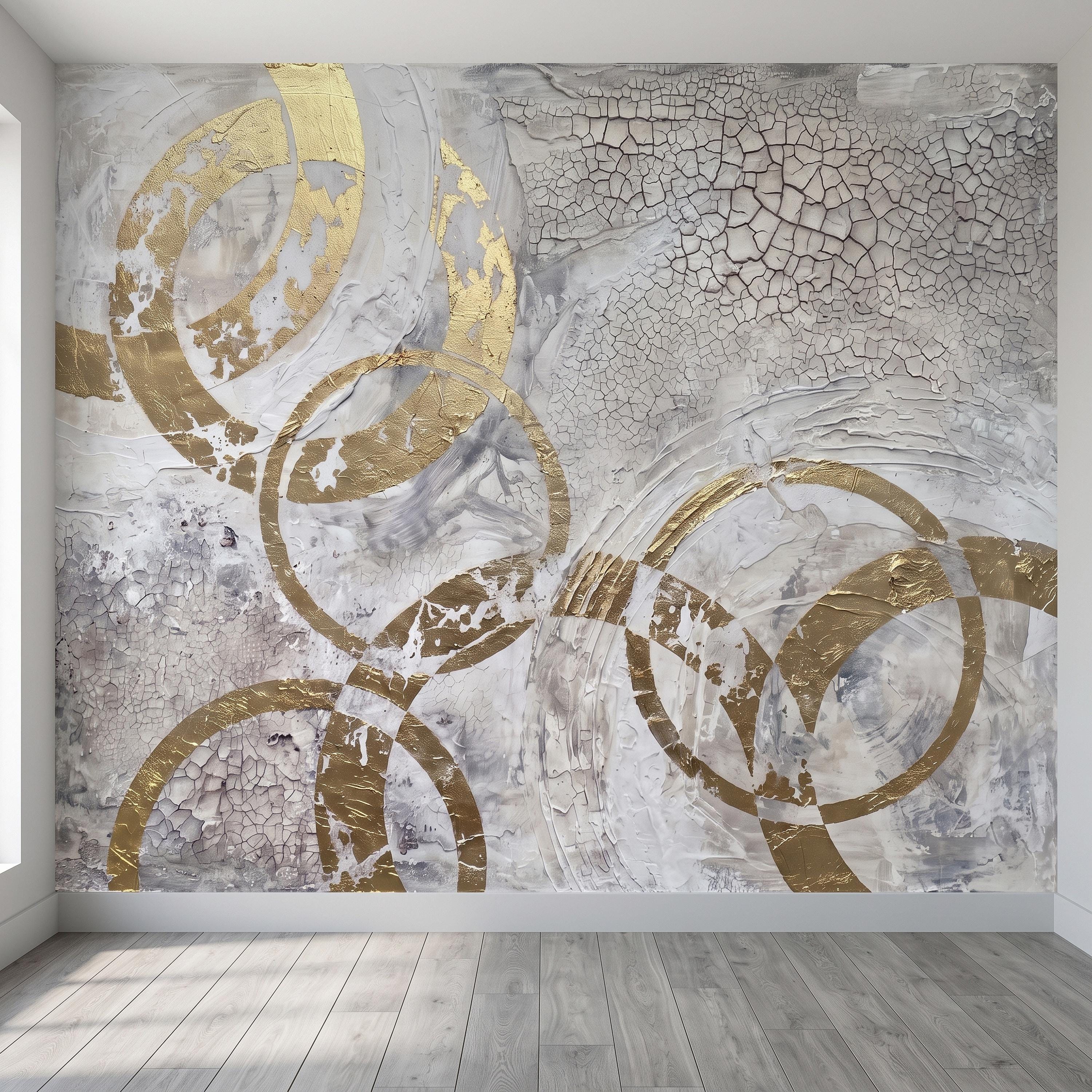 Abstract Gold Circles Peel and Stick Wall Mural, White Gray Geometric Cracked Plaster Texture Modern Luxury Contemporary Art Wallpaper