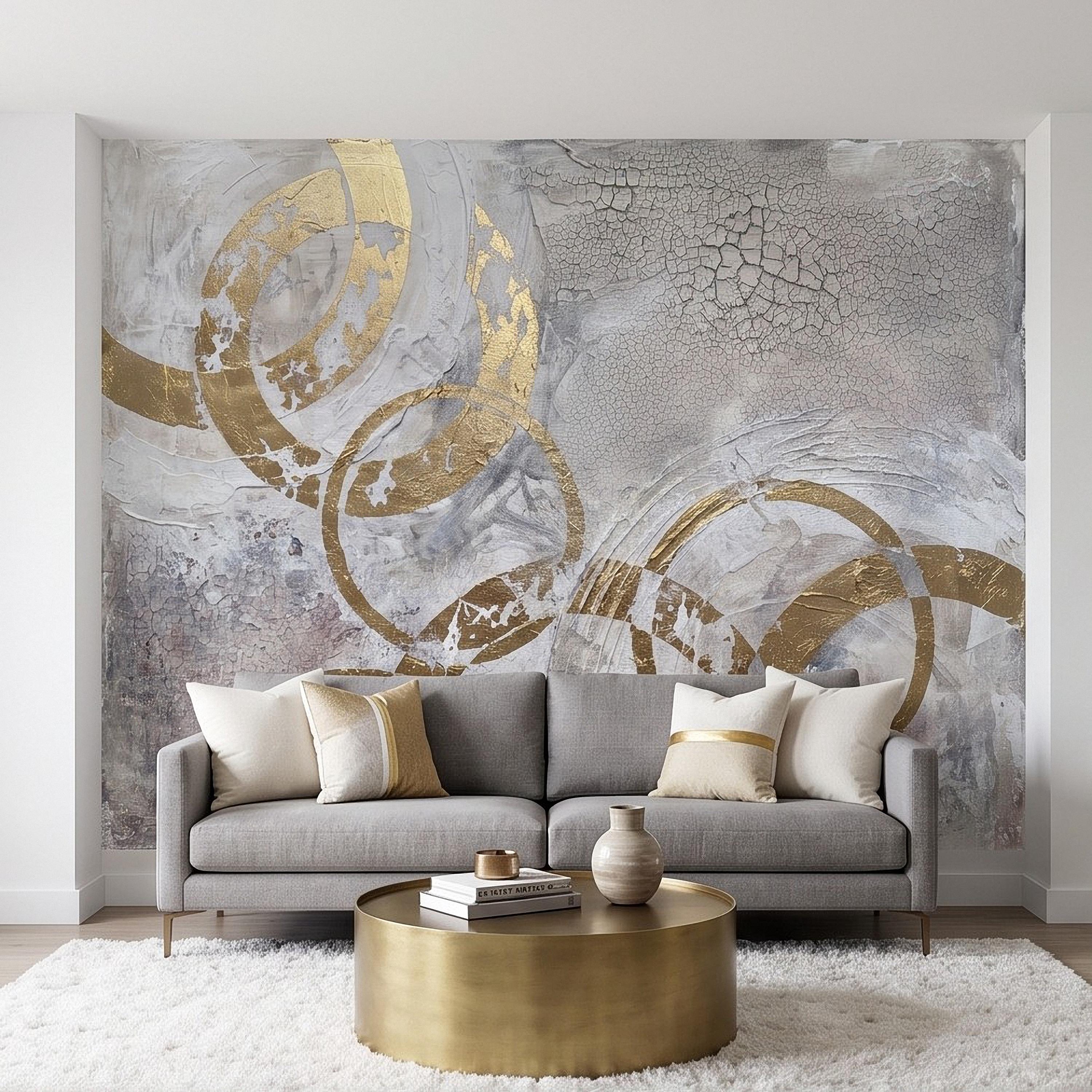 Abstract Gold Circles Peel and Stick Wall Mural, White Gray Geometric Cracked Plaster Texture Modern Luxury Contemporary Art Wallpaper