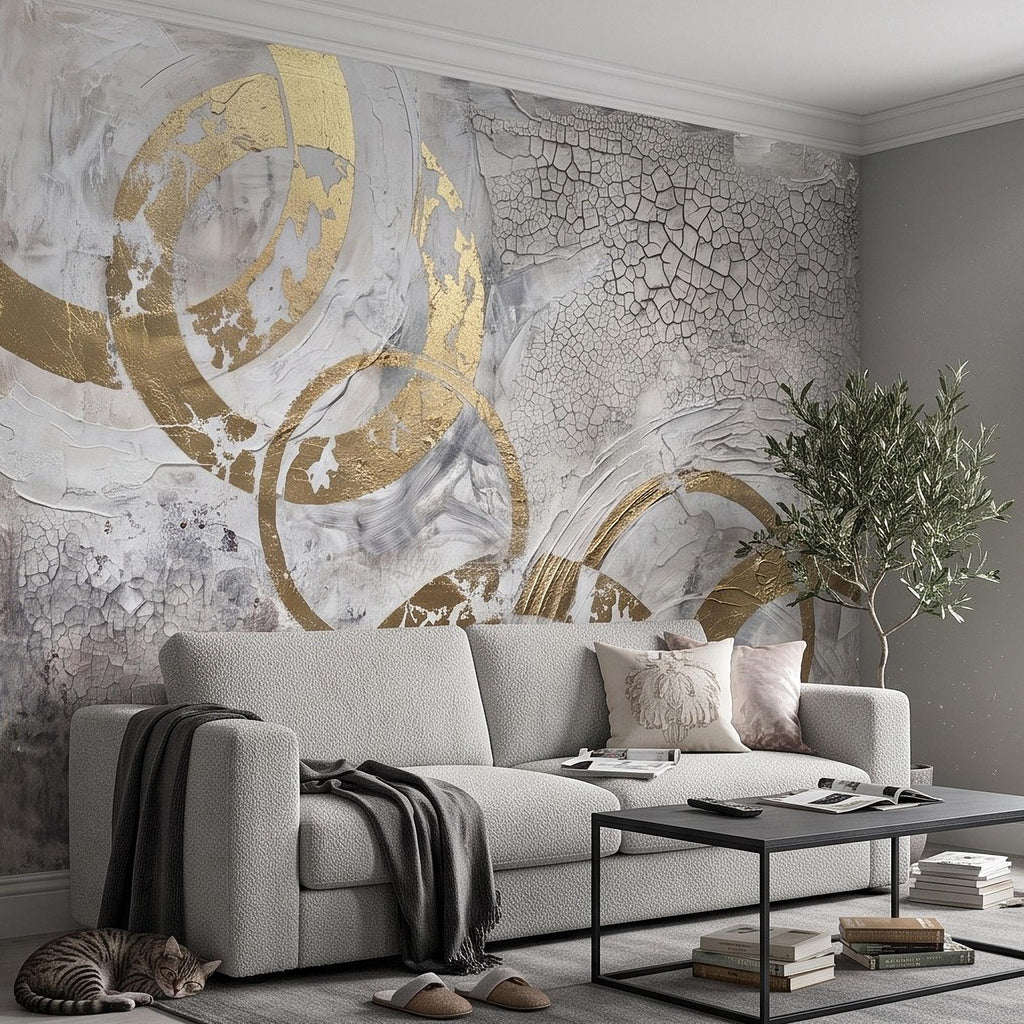 Abstract Gold Circles Peel and Stick Wall Mural, White Gray Geometric Cracked Plaster Texture Modern Luxury Contemporary Art Wallpaper