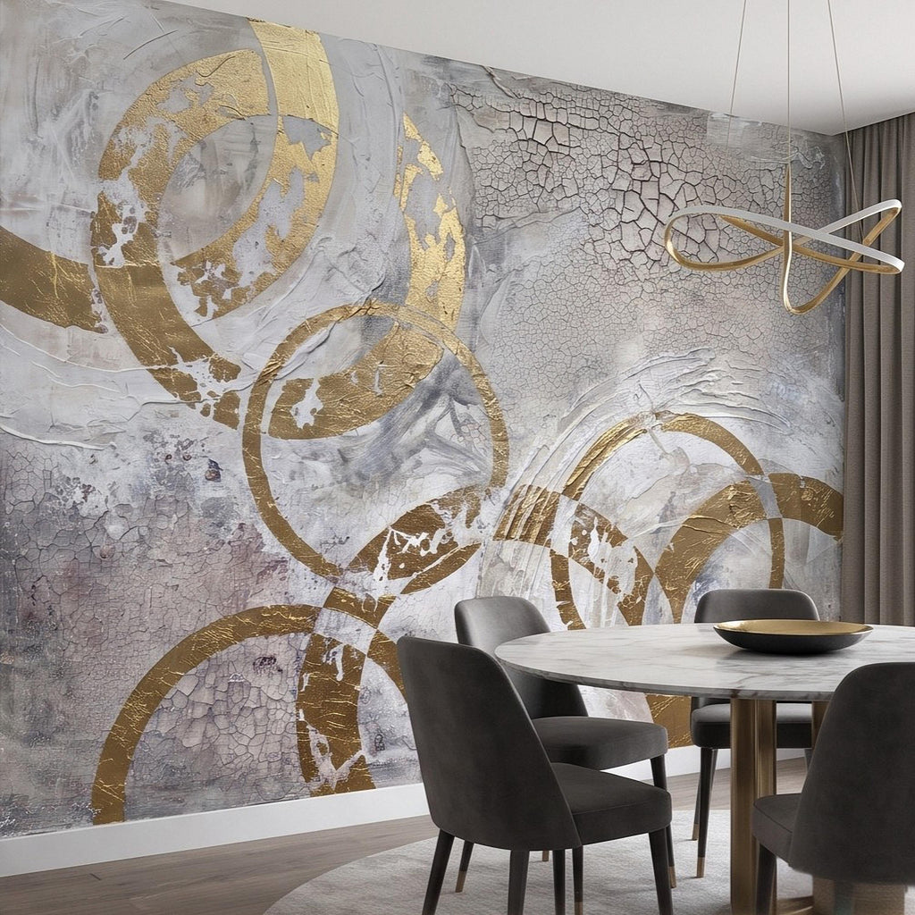 Abstract Gold Circles Peel and Stick Wall Mural, White Gray Geometric Cracked Plaster Texture Modern Luxury Contemporary Art Wallpaper