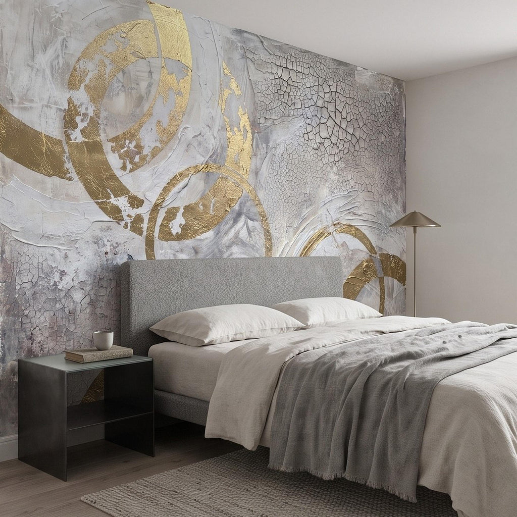 Abstract Gold Circles Peel and Stick Wall Mural, White Gray Geometric Cracked Plaster Texture Modern Luxury Contemporary Art Wallpaper