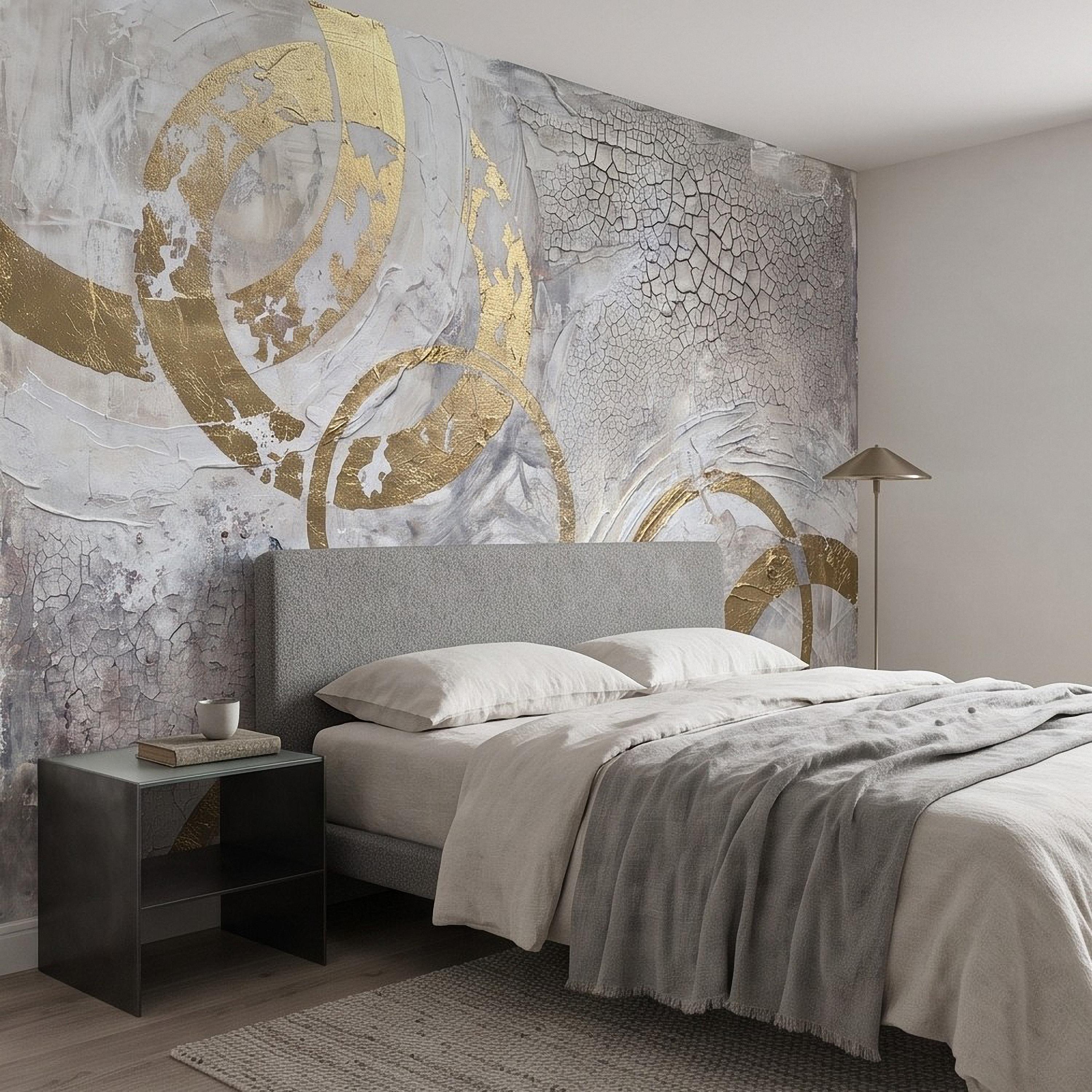 Abstract Gold Circles Peel and Stick Wall Mural, White Gray Geometric Cracked Plaster Texture Modern Luxury Contemporary Art Wallpaper