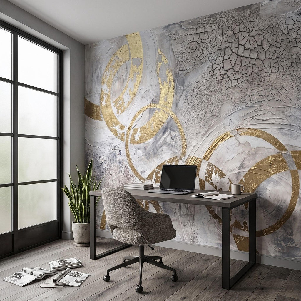 Abstract Gold Circles Peel and Stick Wall Mural, White Gray Geometric Cracked Plaster Texture Modern Luxury Contemporary Art Wallpaper