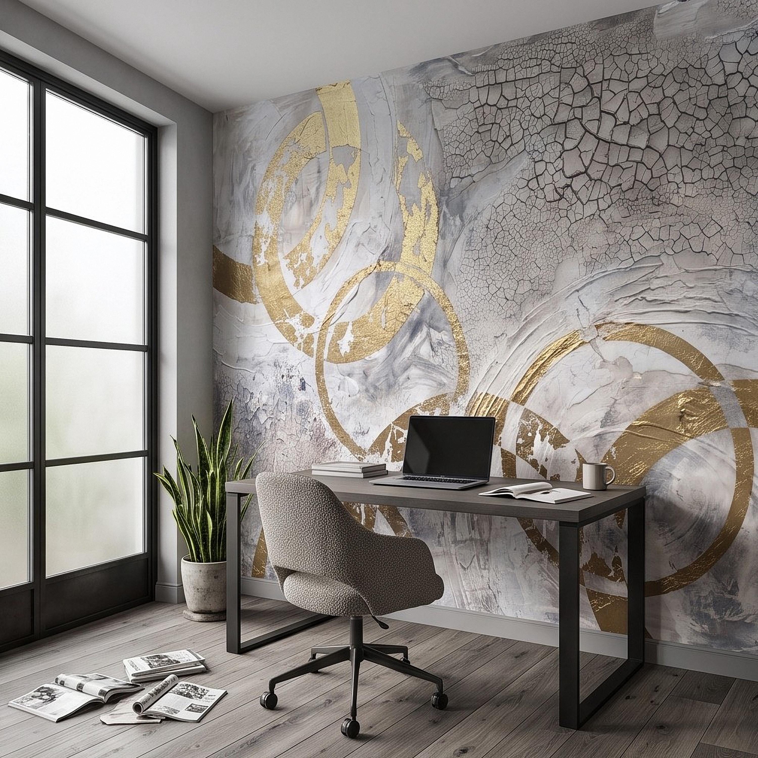 Abstract Gold Circles Peel and Stick Wall Mural, White Gray Geometric Cracked Plaster Texture Modern Luxury Contemporary Art Wallpaper