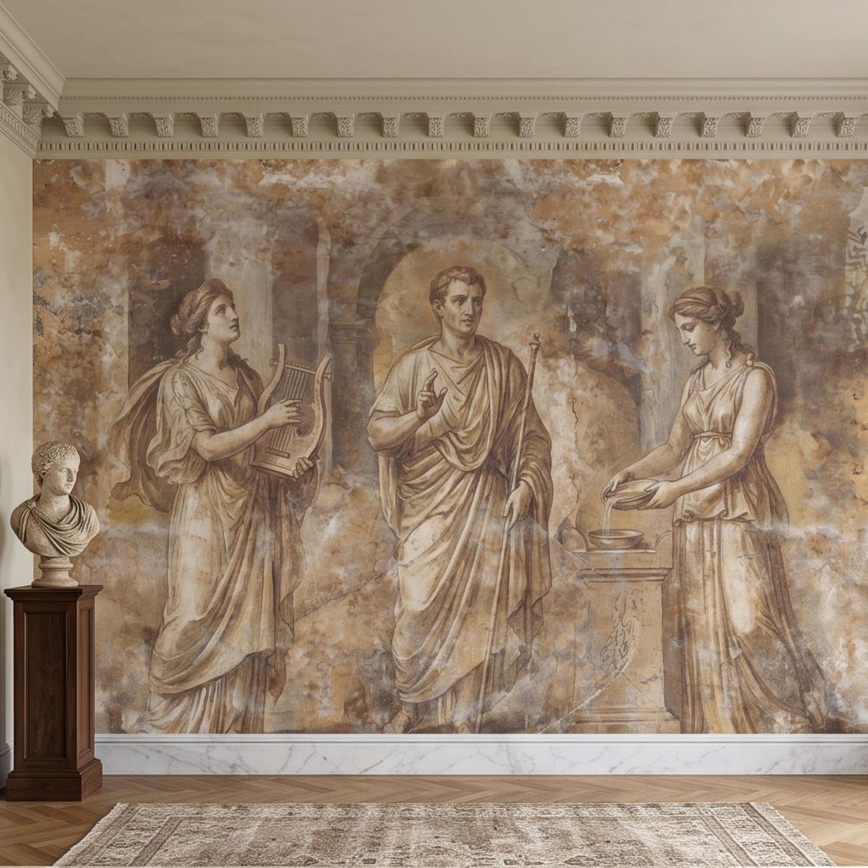 Ancient Roman Fresco Peel and Stick Wall Mural, Classical Figures Antique Plaster Texture Greco Roman Wallpaper