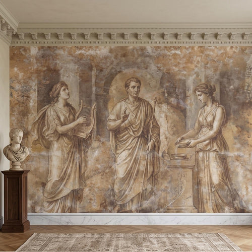 Antique plaster-style wall mural with three classical Greco-Roman figures, tones of tan and cream.