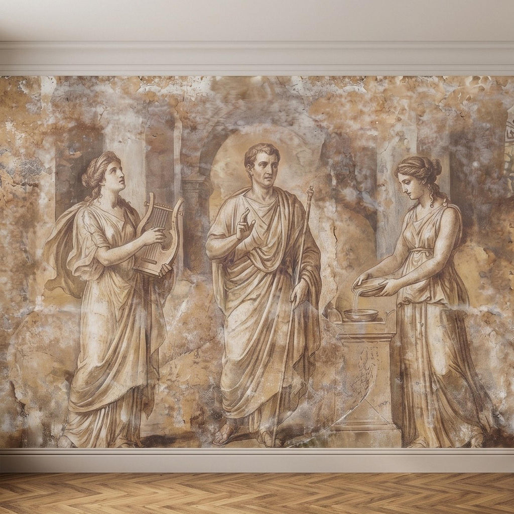 Ancient Roman Fresco Peel and Stick Wall Mural, Classical Figures Antique Plaster Texture Greco Roman Wallpaper