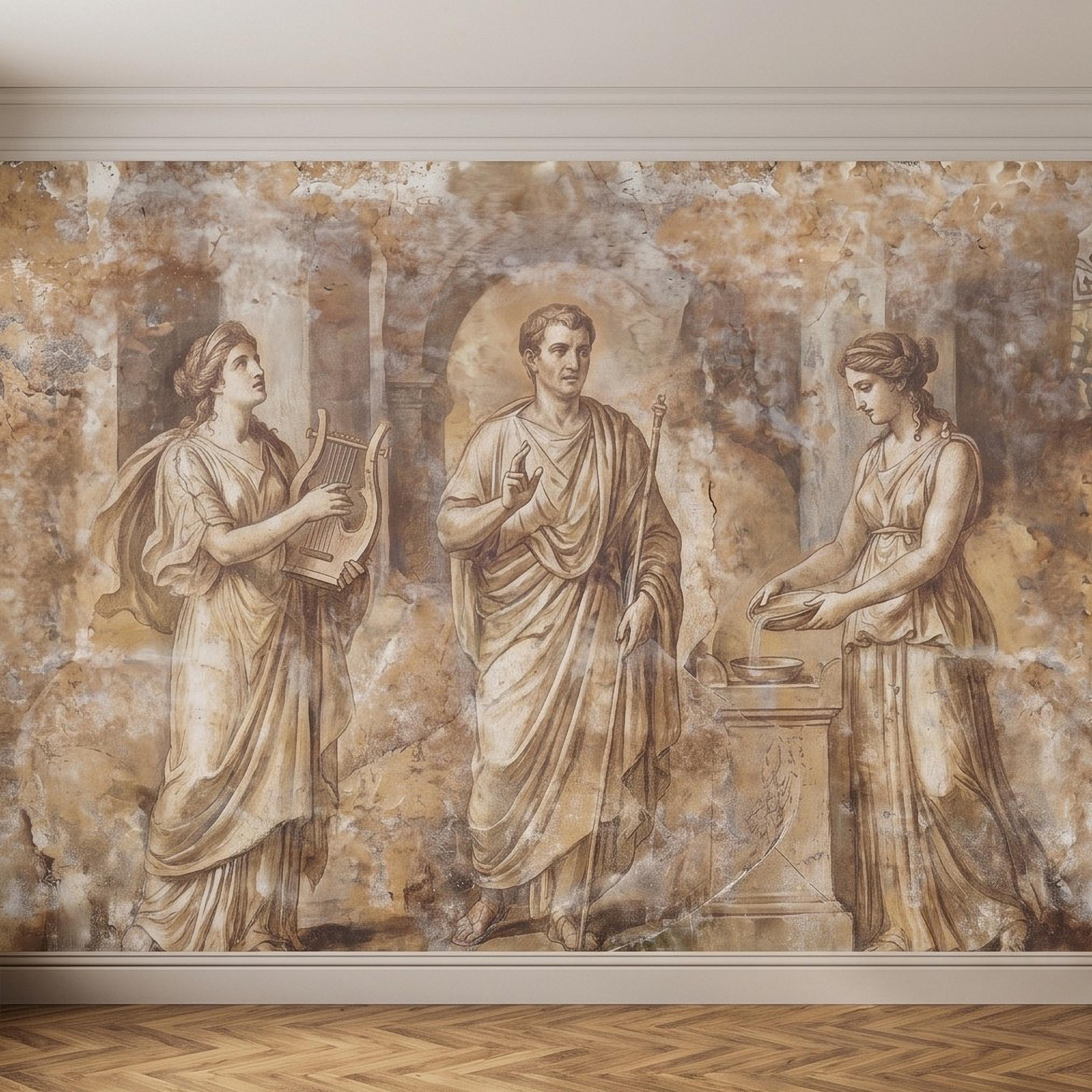 Ancient Roman Fresco Peel and Stick Wall Mural, Classical Figures Antique Plaster Texture Greco Roman Wallpaper
