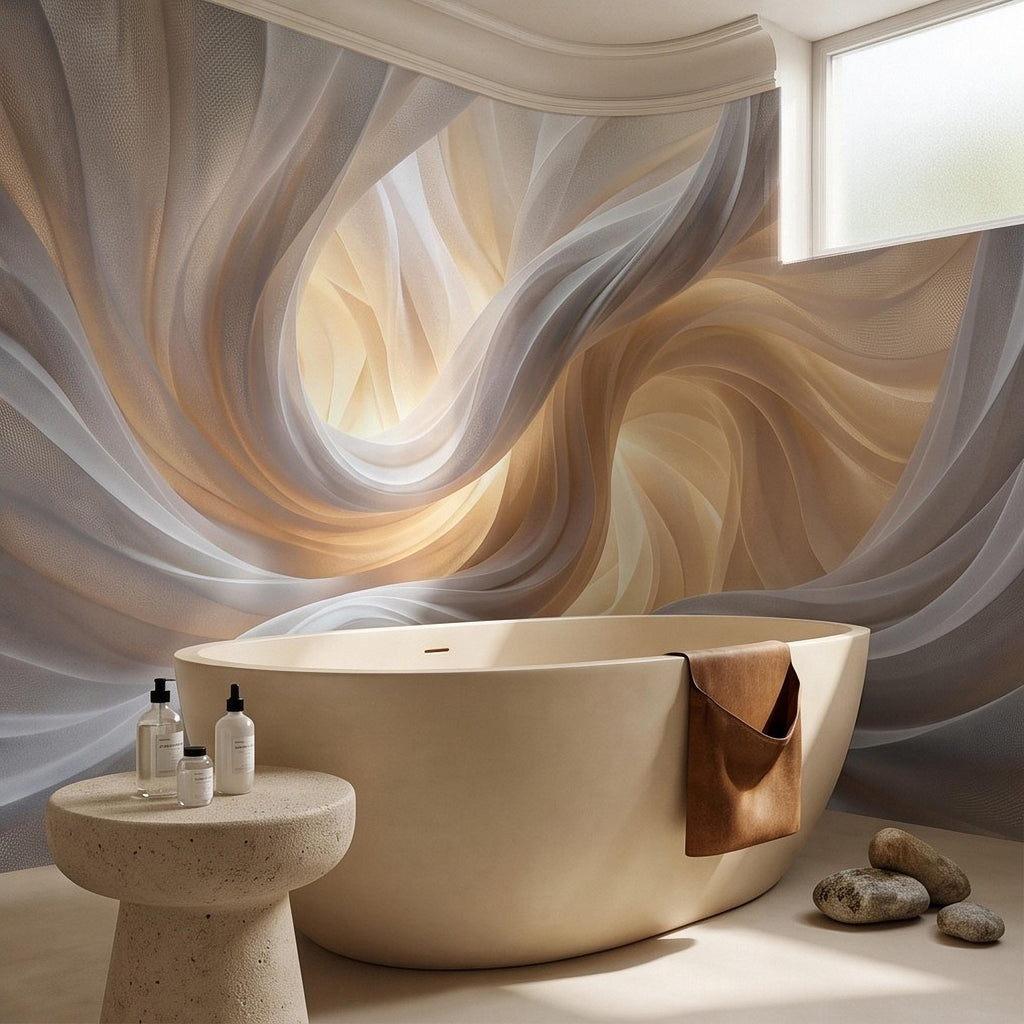Flowing Fabric Peel and Stick Wall Mural, Abstract White Beige Drapery Soft Fold Texture Warm Neutral Elegant Modern Minimalist Wallpaper