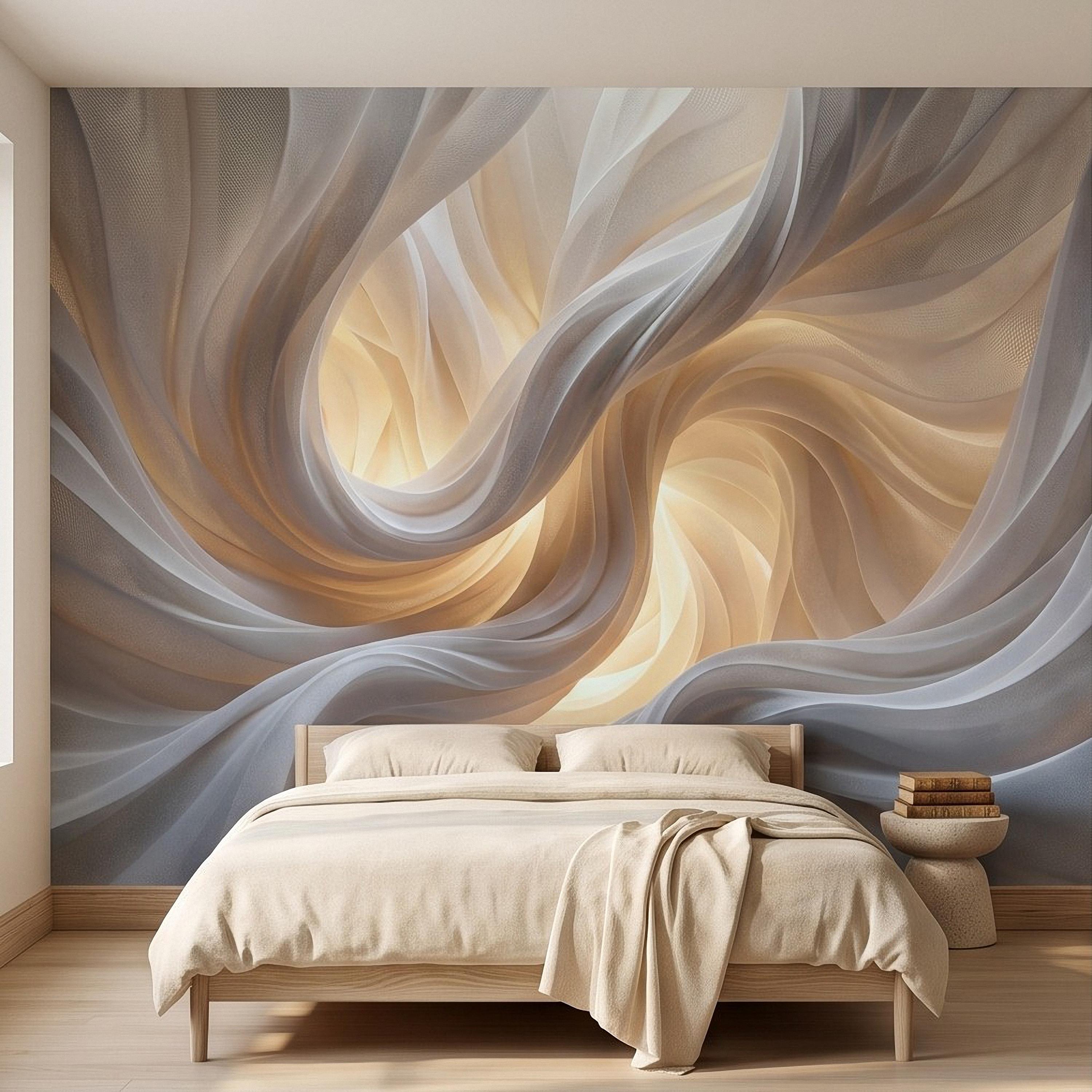 Flowing Fabric Peel and Stick Wall Mural, Abstract White Beige Drapery Soft Fold Texture Warm Neutral Elegant Modern Minimalist Wallpaper