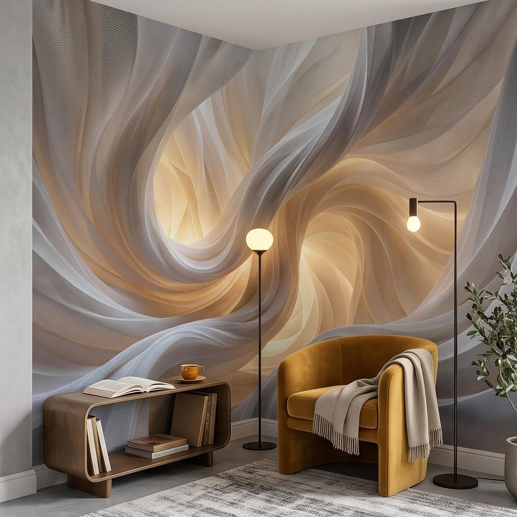 Flowing Fabric Peel and Stick Wall Mural, Abstract White Beige Drapery Soft Fold Texture Warm Neutral Elegant Modern Minimalist Wallpaper