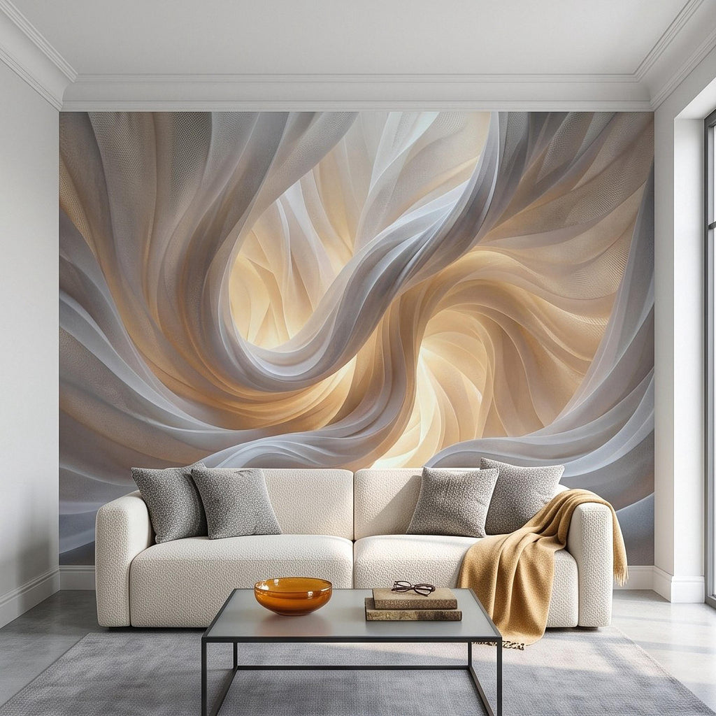 Flowing Fabric Peel and Stick Wall Mural, Abstract White Beige Drapery Soft Fold Texture Warm Neutral Elegant Modern Minimalist Wallpaper