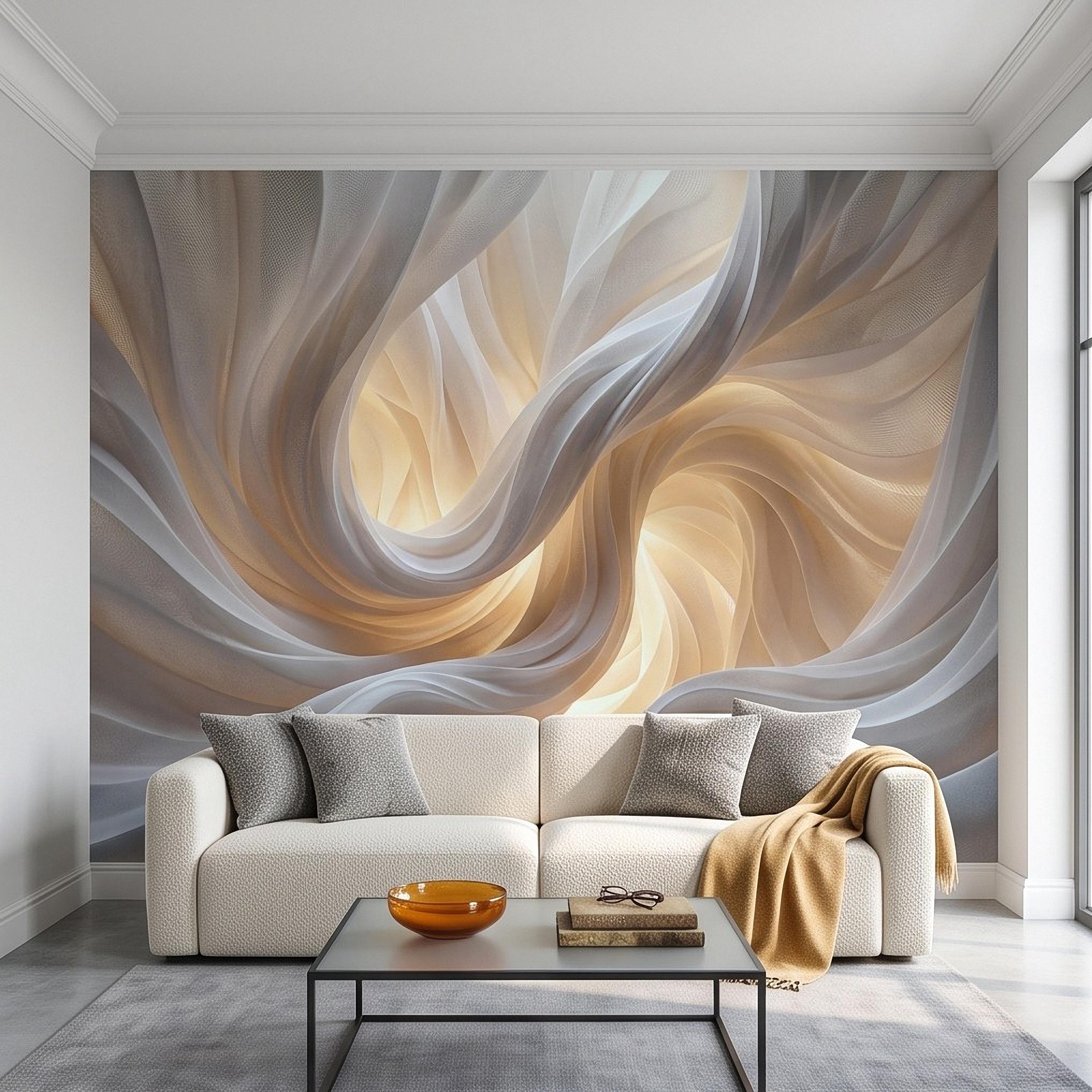 Flowing Fabric Peel and Stick Wall Mural, Abstract White Beige Drapery Soft Fold Texture Warm Neutral Elegant Modern Minimalist Wallpaper