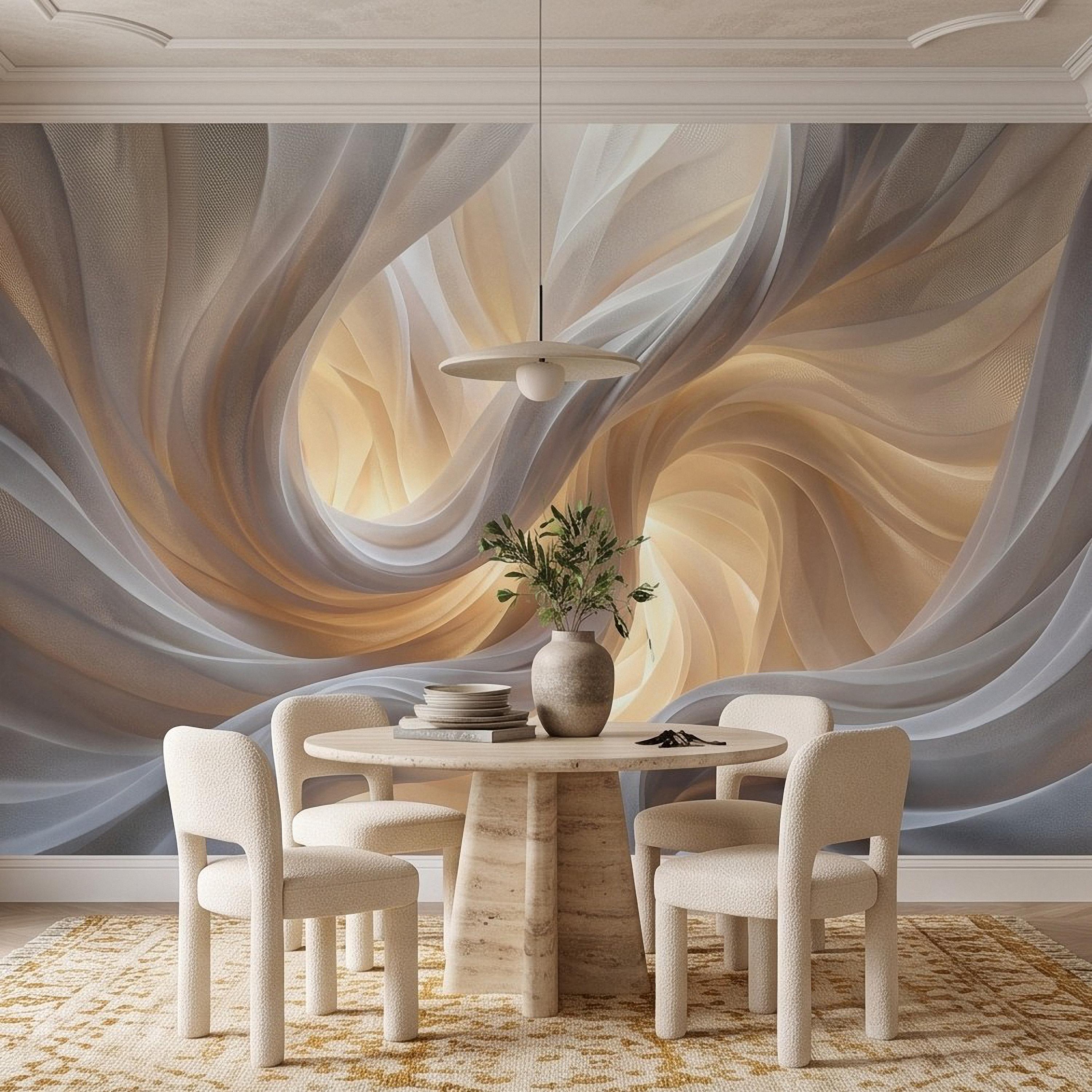 Flowing Fabric Peel and Stick Wall Mural, Abstract White Beige Drapery Soft Fold Texture Warm Neutral Elegant Modern Minimalist Wallpaper