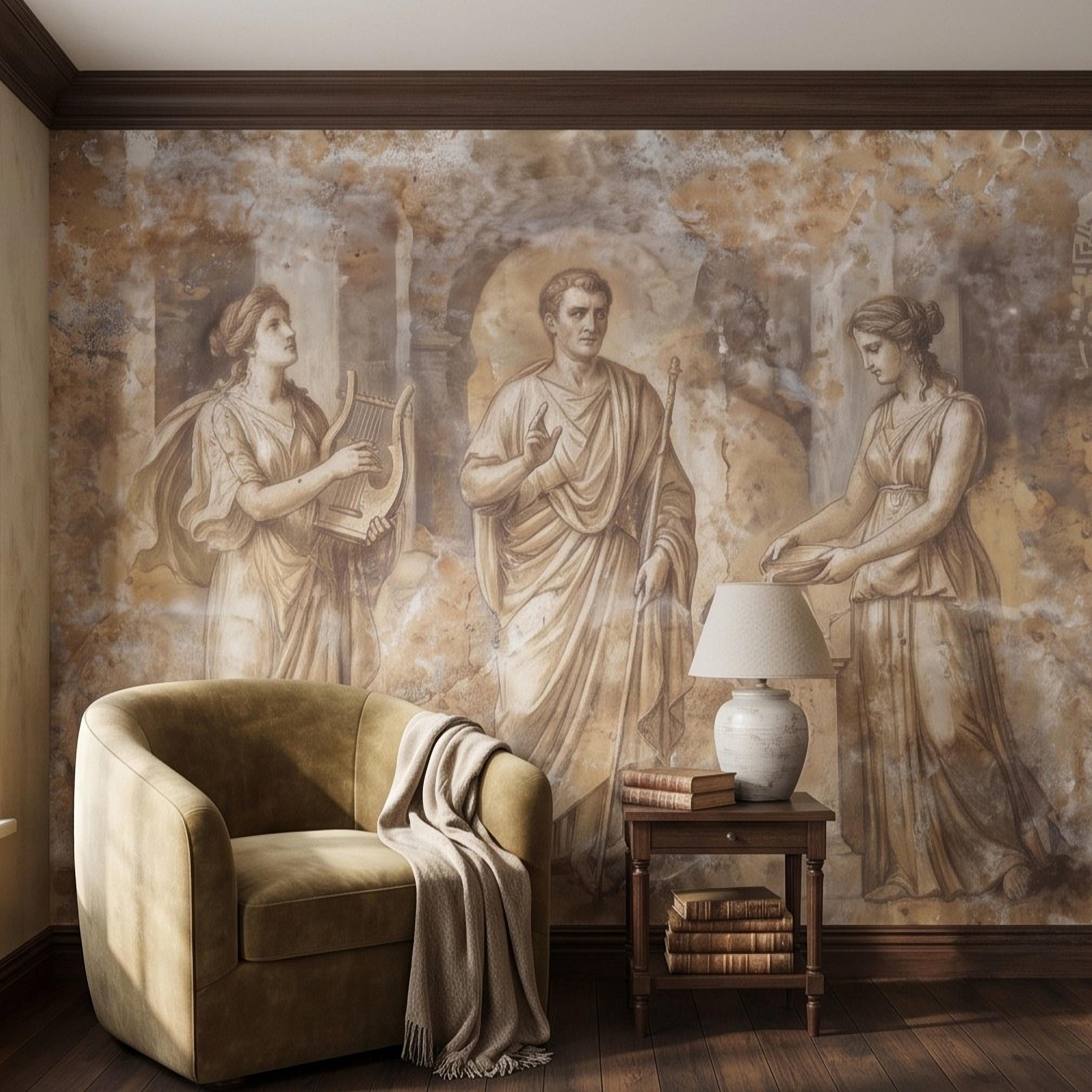 Ancient Roman Fresco Peel and Stick Wall Mural, Classical Figures Antique Plaster Texture Greco Roman Wallpaper