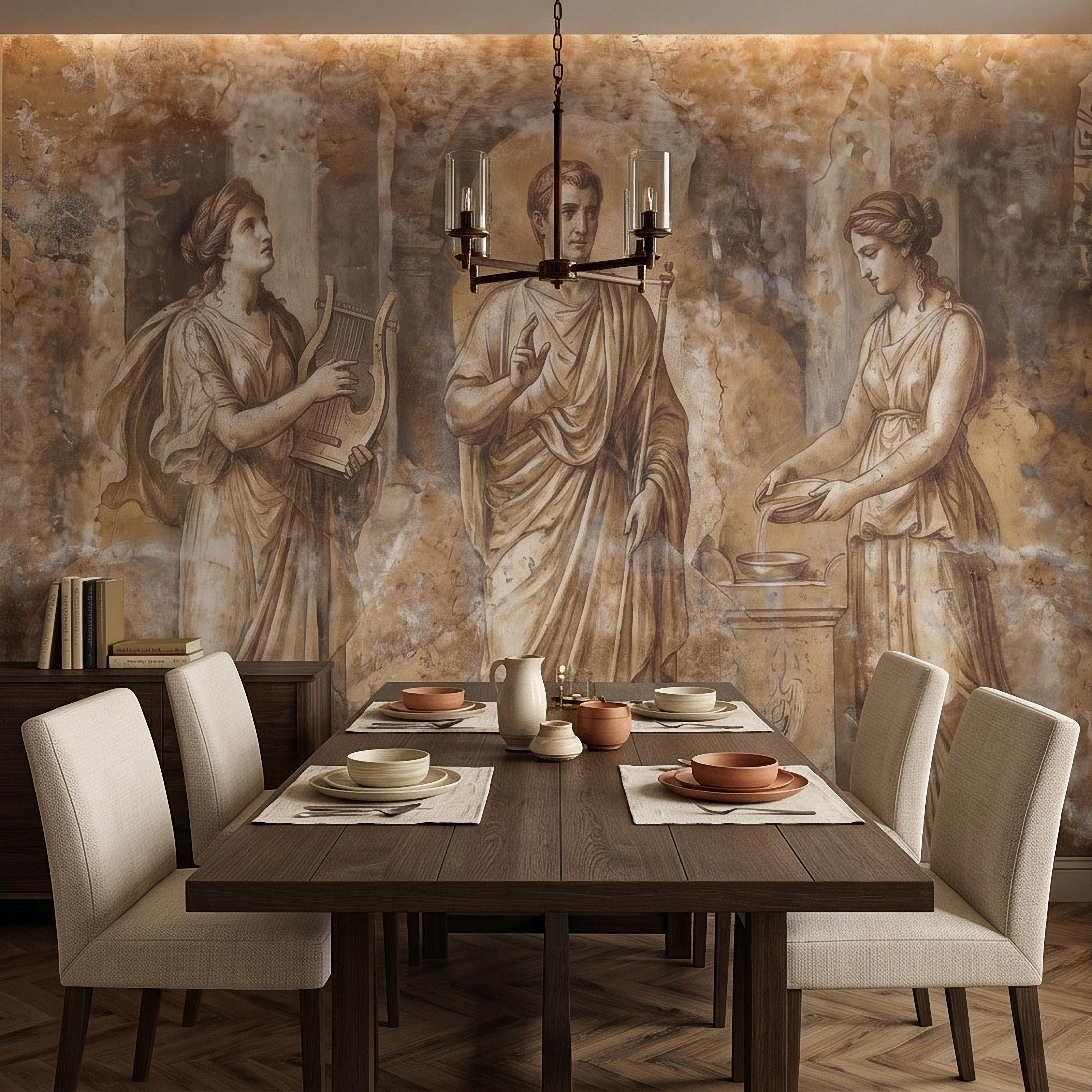 Ancient Roman Fresco Peel and Stick Wall Mural, Classical Figures Antique Plaster Texture Greco Roman Wallpaper