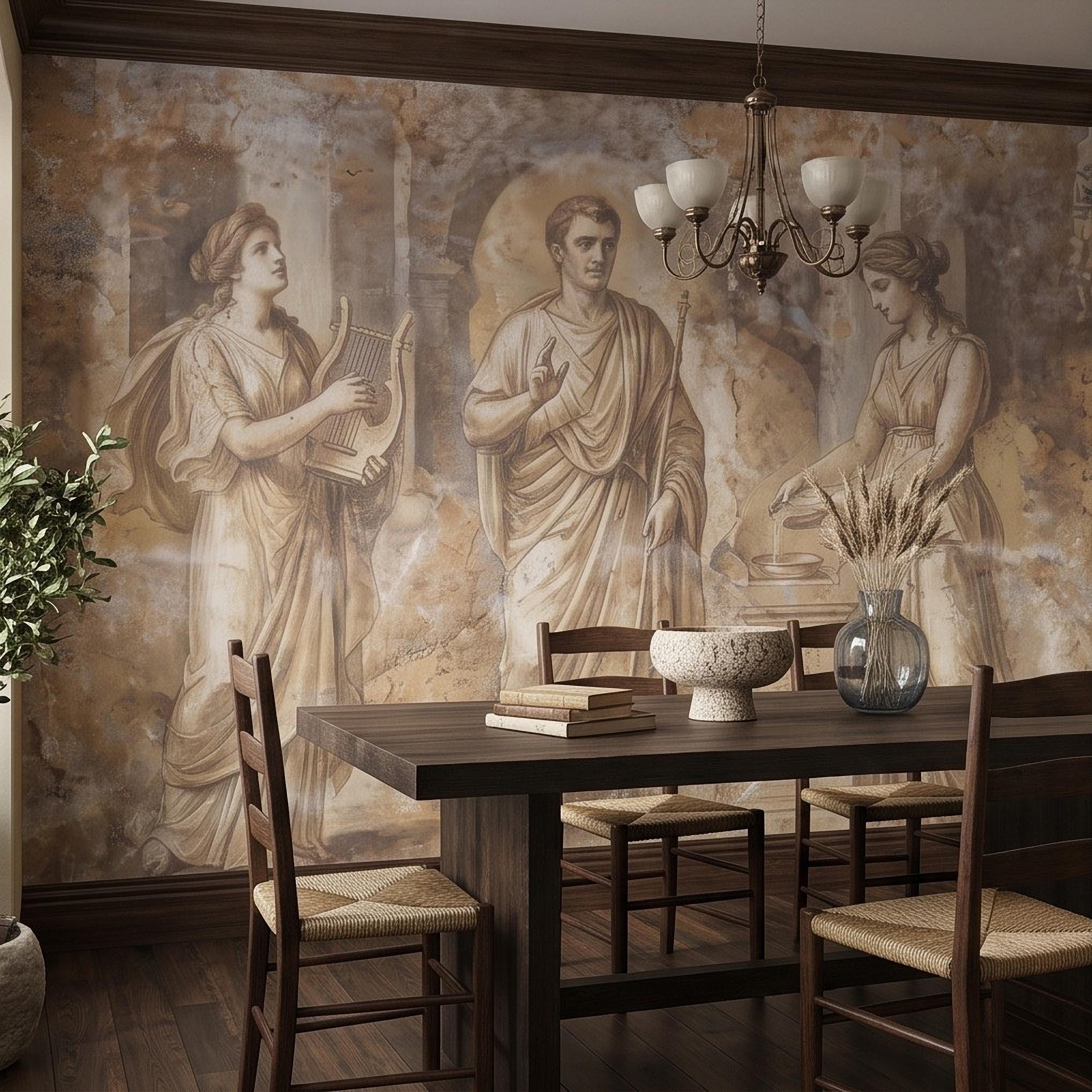 Ancient Roman Fresco Peel and Stick Wall Mural, Classical Figures Antique Plaster Texture Greco Roman Wallpaper