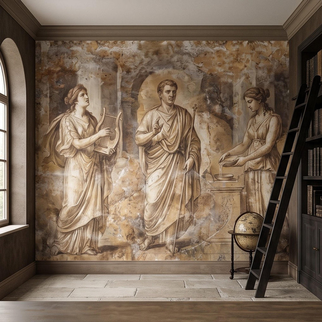 Ancient Roman Fresco Peel and Stick Wall Mural, Classical Figures Antique Plaster Texture Greco Roman Wallpaper