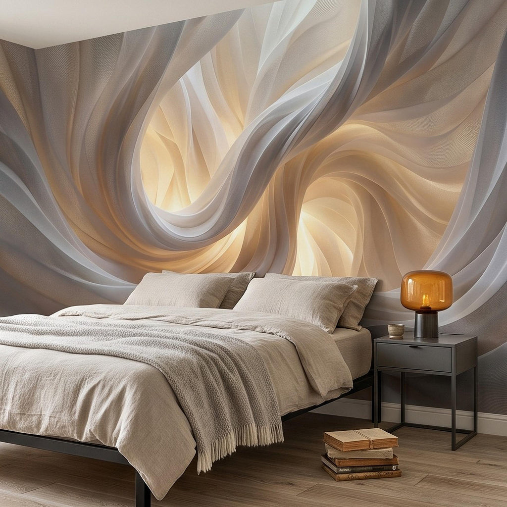 Flowing Fabric Peel and Stick Wall Mural, Abstract White Beige Drapery Soft Fold Texture Warm Neutral Elegant Modern Minimalist Wallpaper