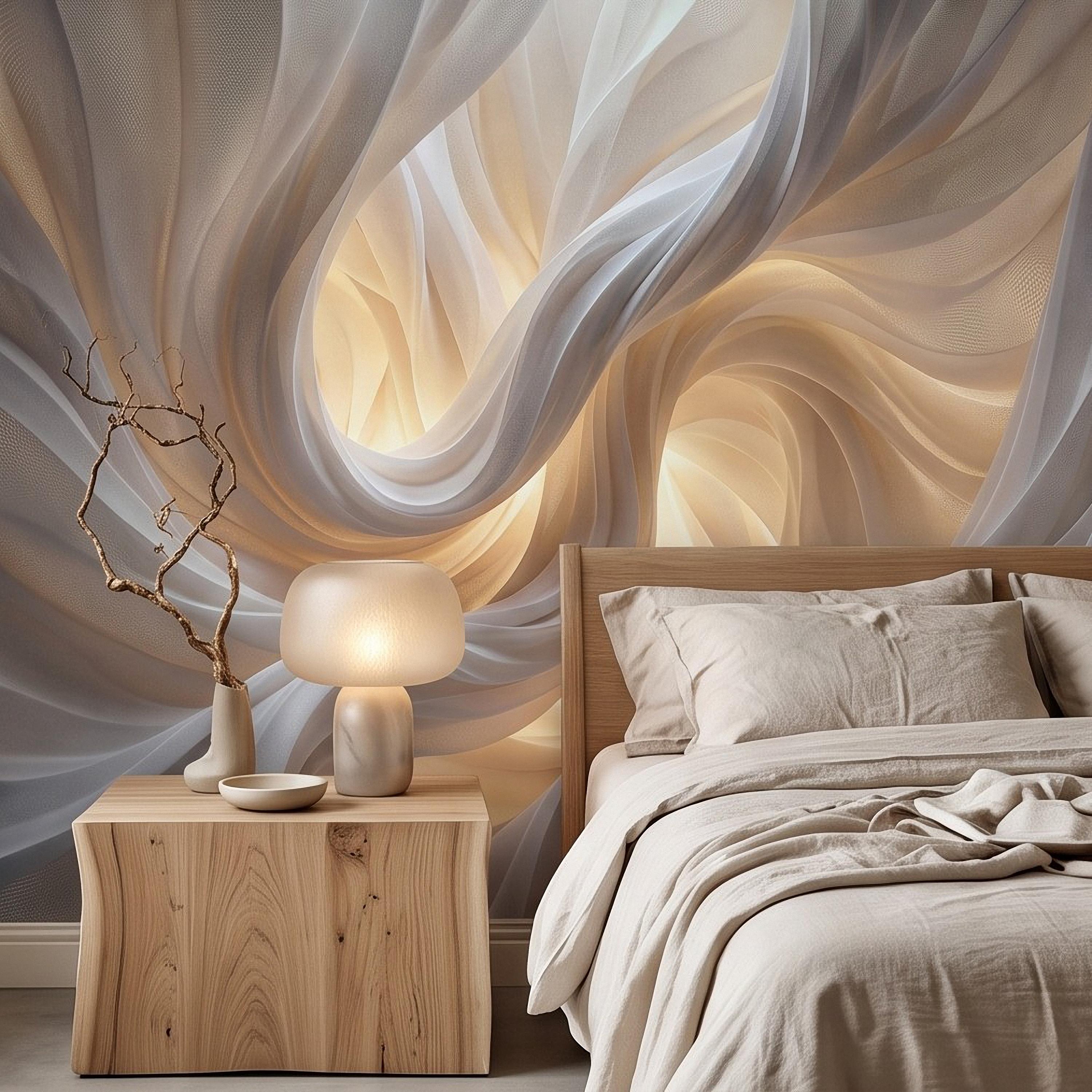 Flowing Fabric Peel and Stick Wall Mural, Abstract White Beige Drapery Soft Fold Texture Warm Neutral Elegant Modern Minimalist Wallpaper