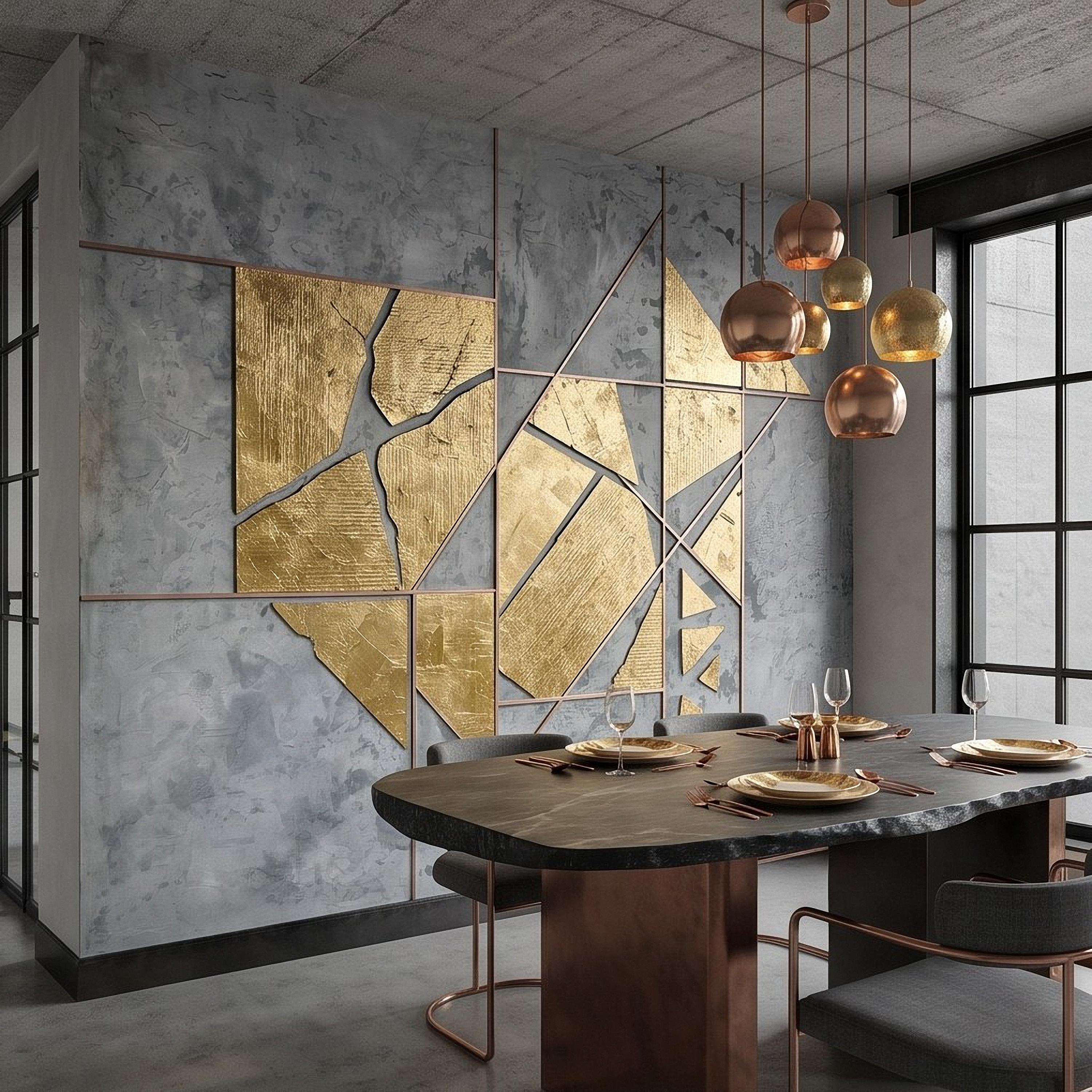 Abstract Geometric Peel and Stick Wall Mural, Gold Shapes Gray Concrete Texture Modern Industrial Lines Luxury Contemporary Art Wallpaper
