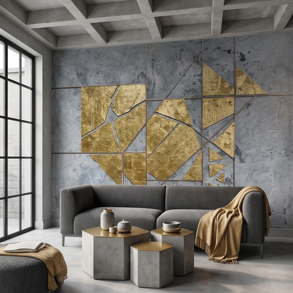 Abstract Geometric Peel and Stick Wall Mural, Gold Shapes Gray Concrete Texture Modern Industrial Lines Luxury Contemporary Art Wallpaper